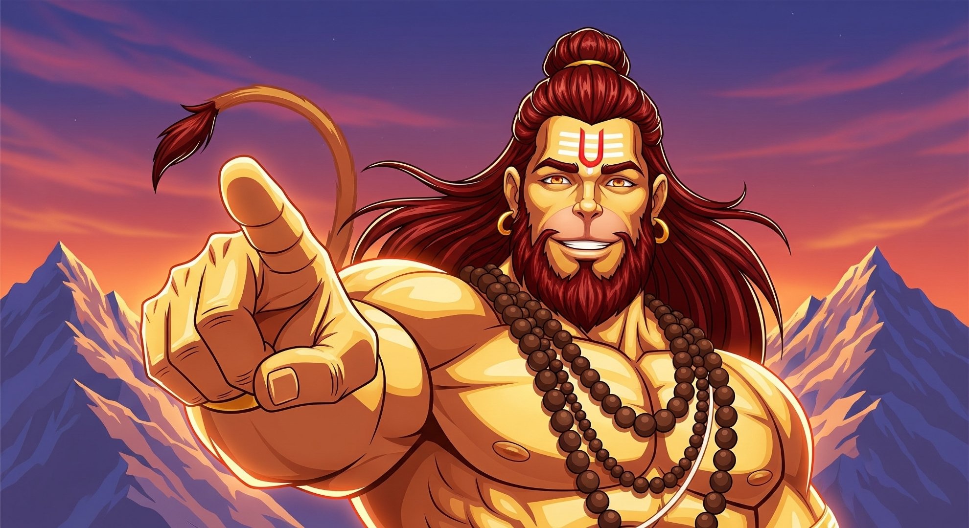 Powerful Hanuman Ji Cartoon Artwork with Mountain Sunset