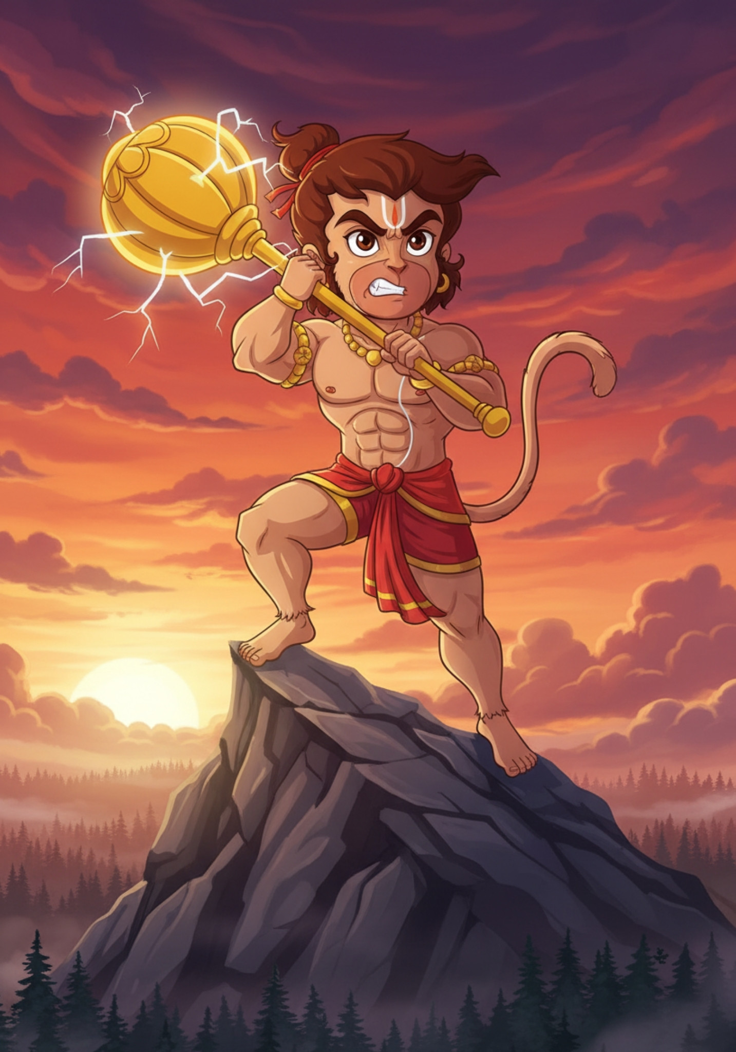 Bal Hanuman with Gada on Mountain | Powerful Wallpaper