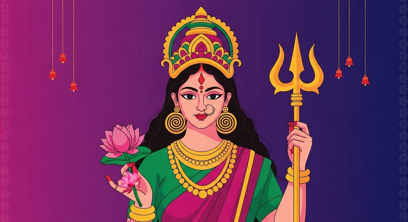 Goddess Durga Illustration Trishul & Lotus Navratri Wallpaper