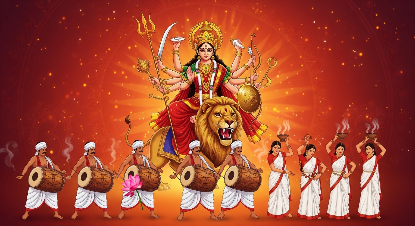 Durga Puja Celebration with Dhak Drummers & Dhunuchi Dance | Maa Durga on Lion Wallpaper
