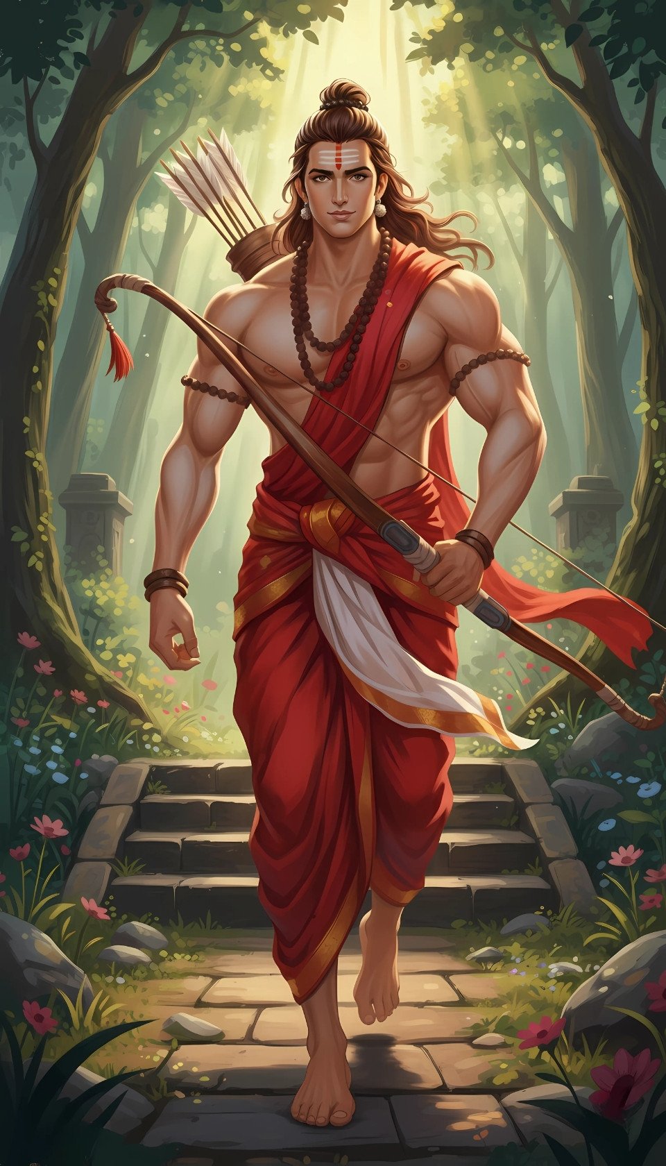 Lord Shri Ram in Forest – Divine Warrior Walking with Bow | Ramayana Illustration