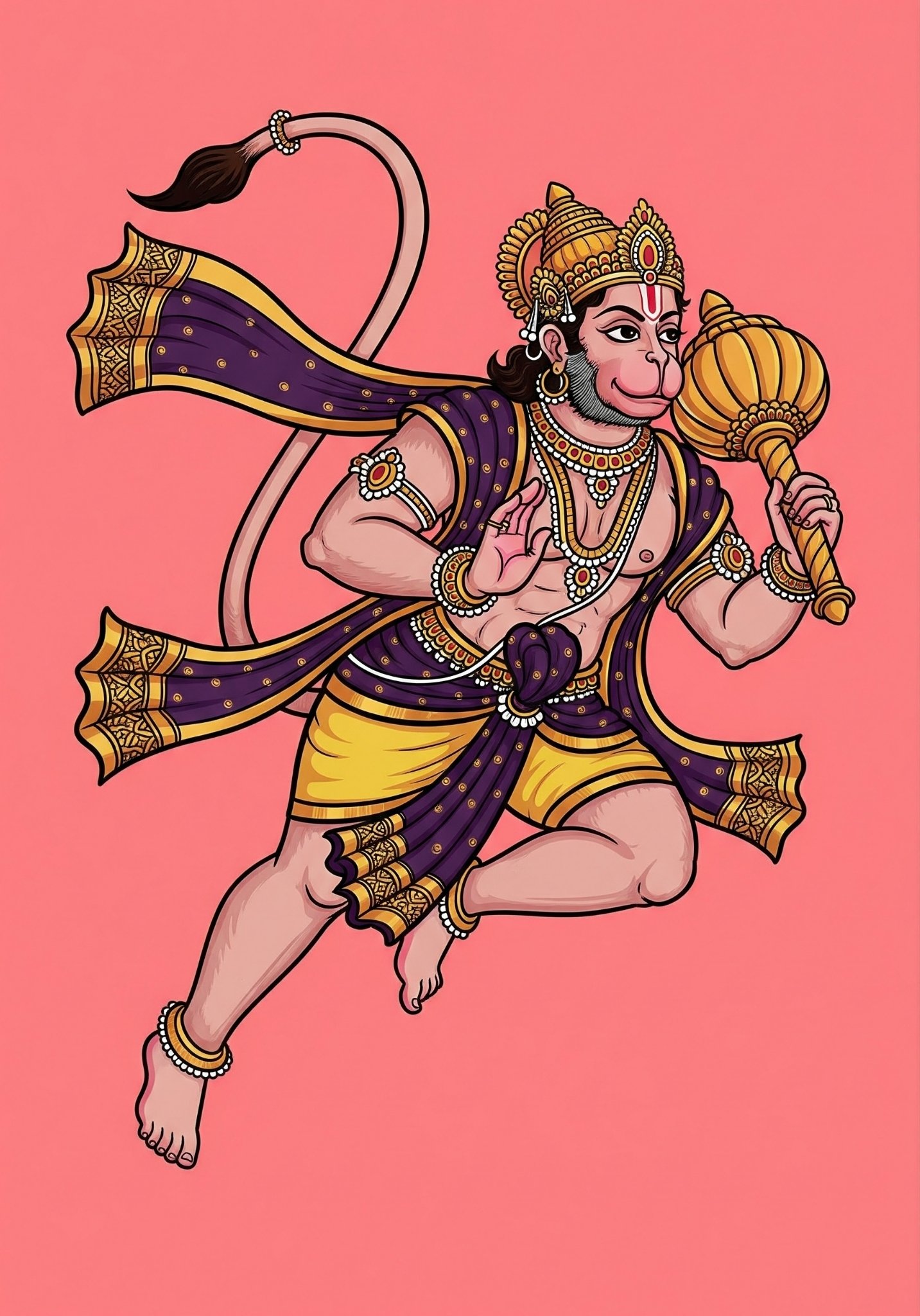Flying Lord Hanuman Illustration with Gada – Powerful Bajrang Bali Cartoon Art