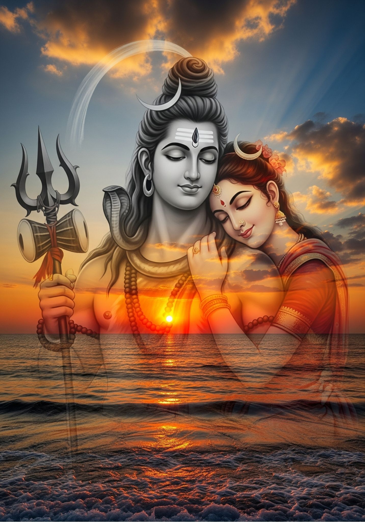 Divine Shiva Parvati Love Image with Sunset | Spiritual Wallpaper HD