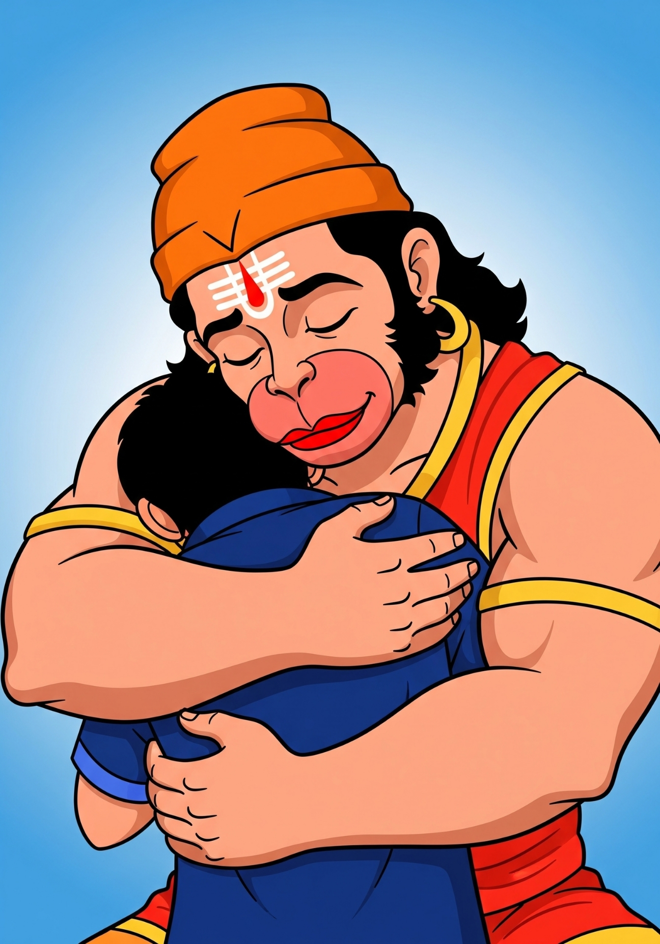 Lord Hanuman Hugging Child – Devotional Cartoon Artwork