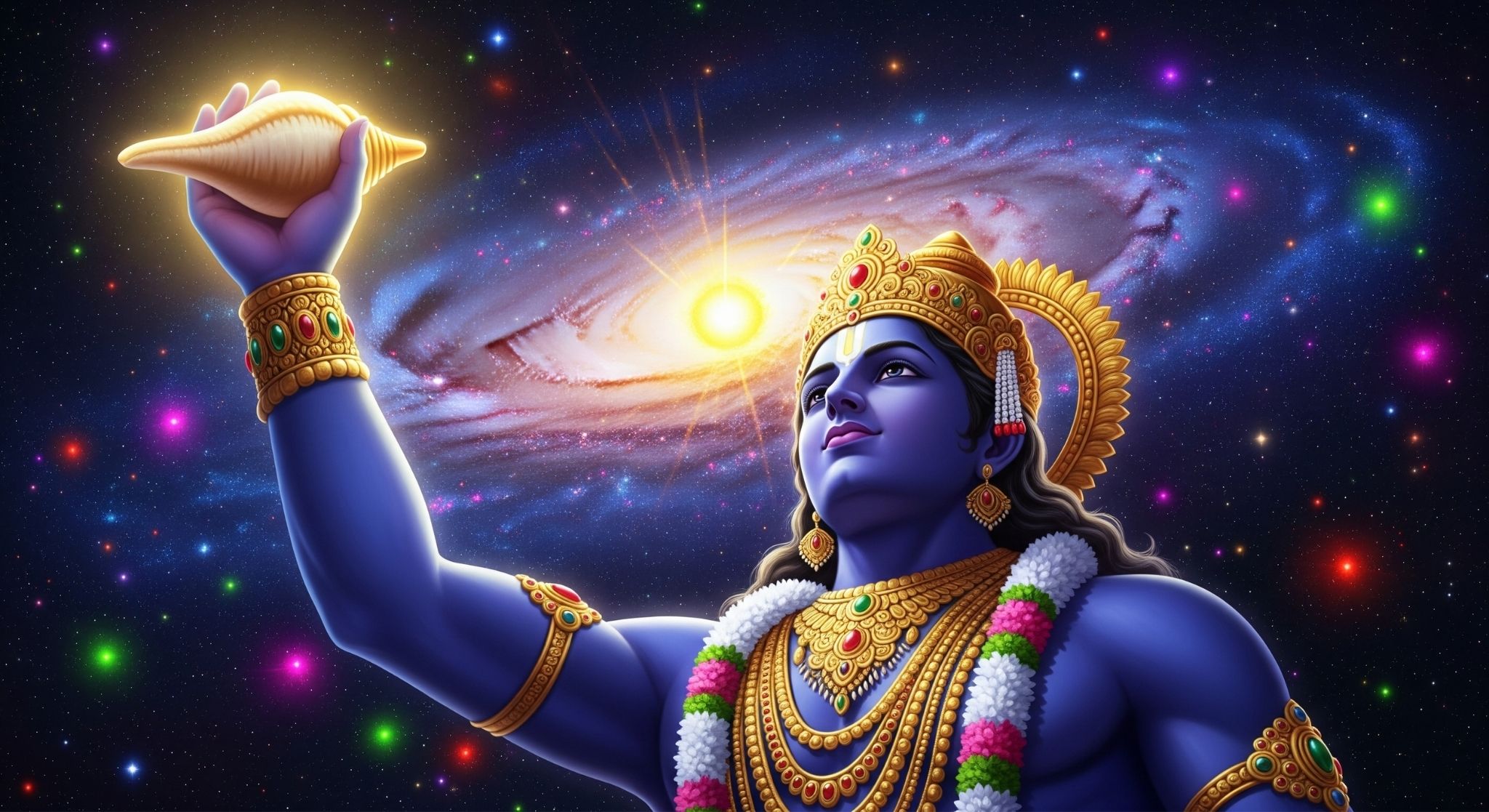 Cosmic Lord Vishnu HD Wallpaper with Shankh in Universe