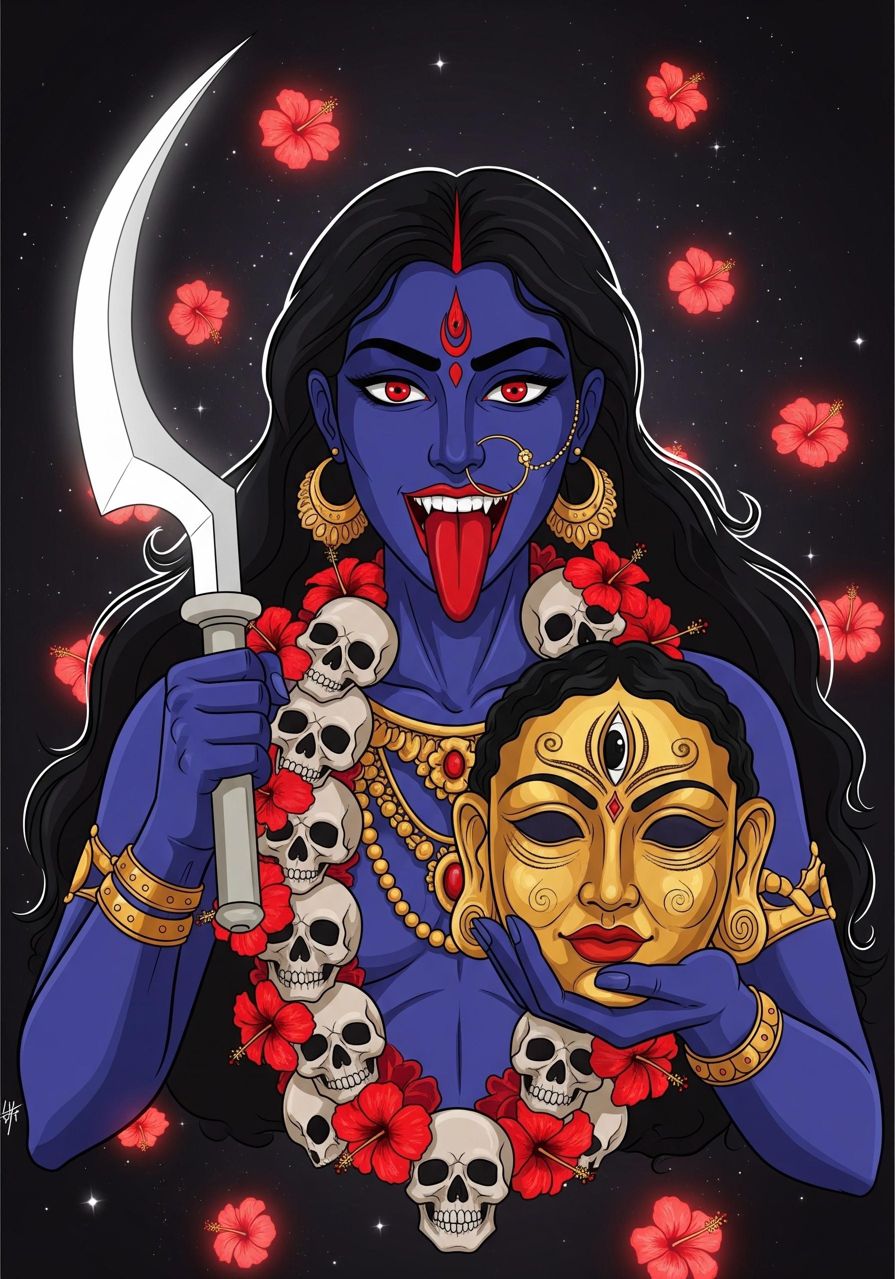 Powerful Maa Kali HD Wallpaper with Skull Garland & Hibiscus