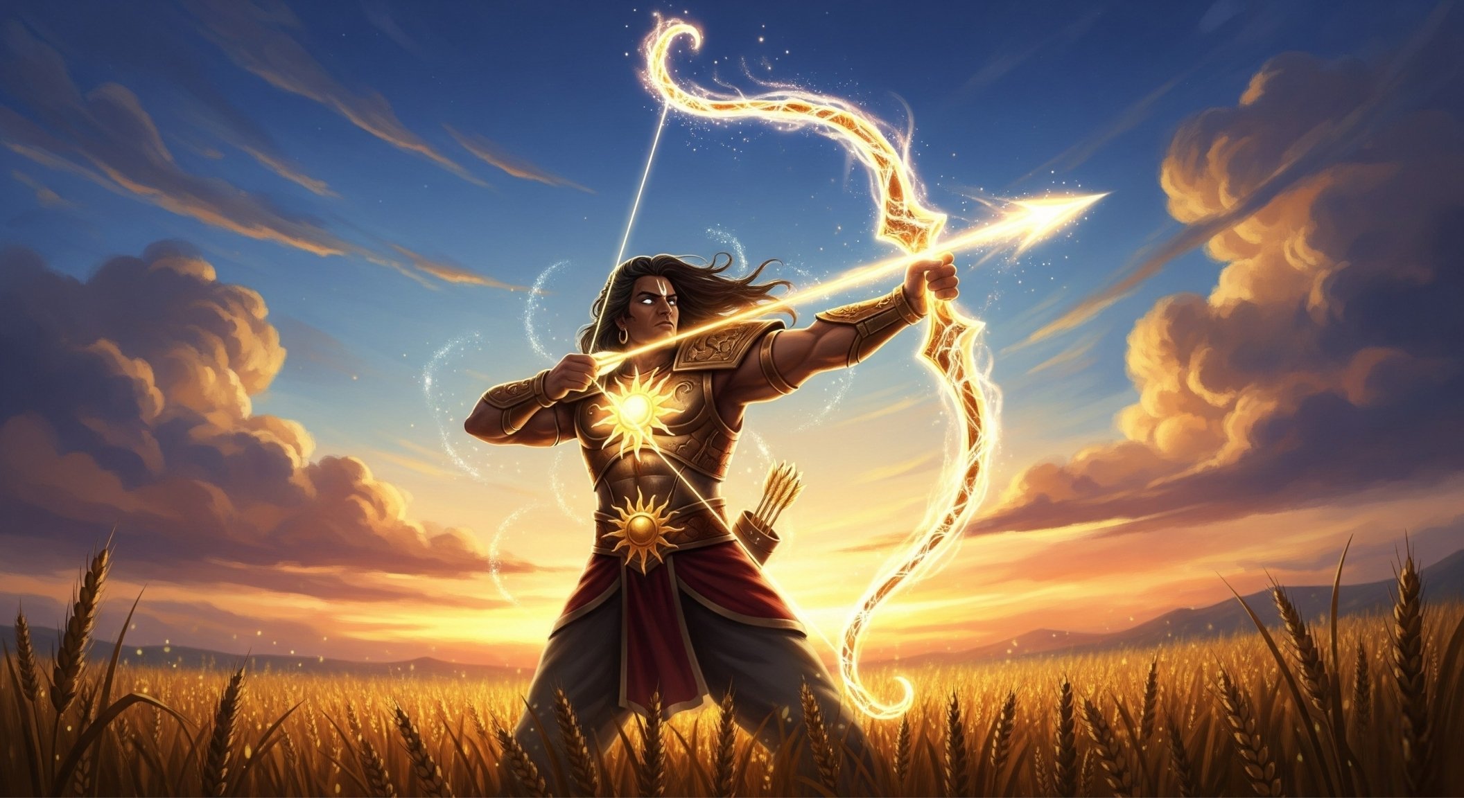 Surya Putra Karn with Divine Glowing Bow at Sunset