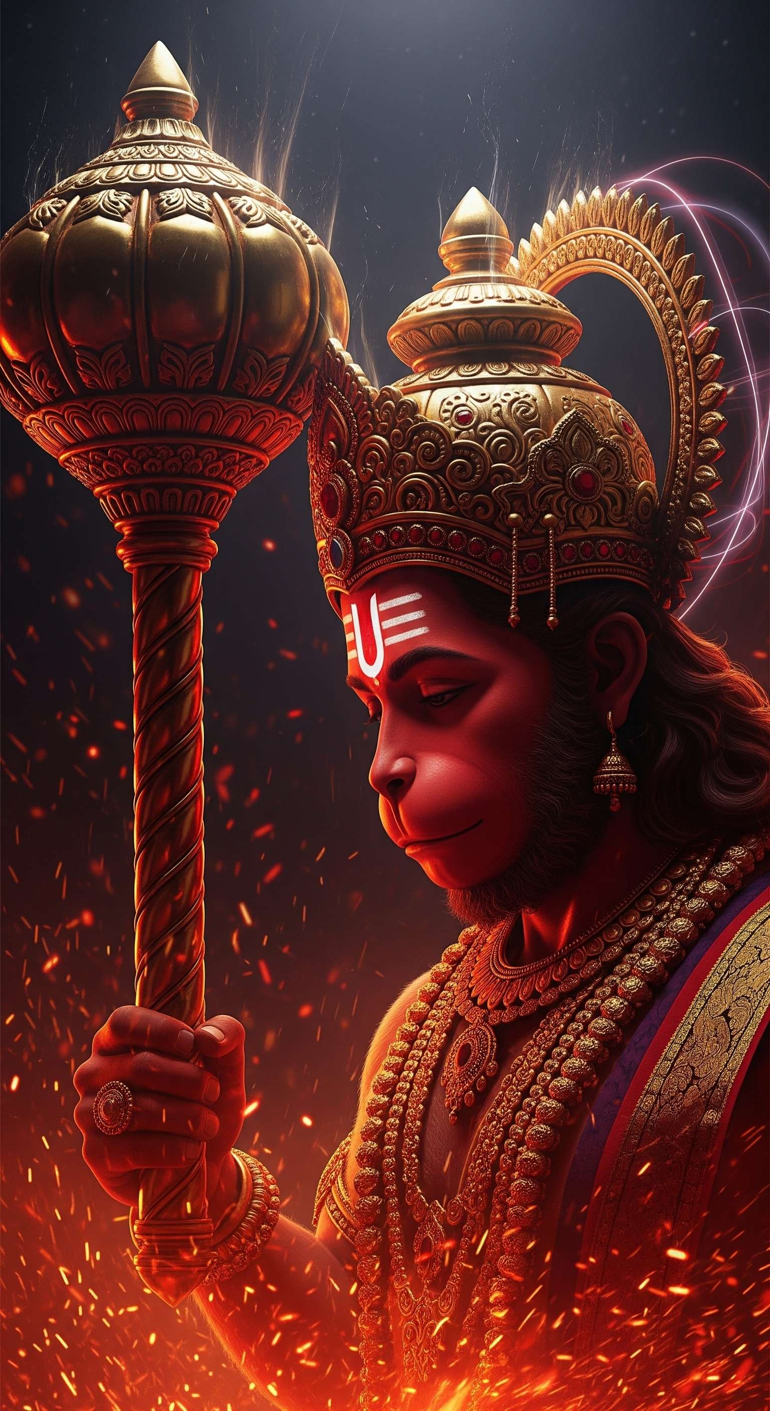 Divine Lord Hanuman Holding Golden Gada in Fiery Aura