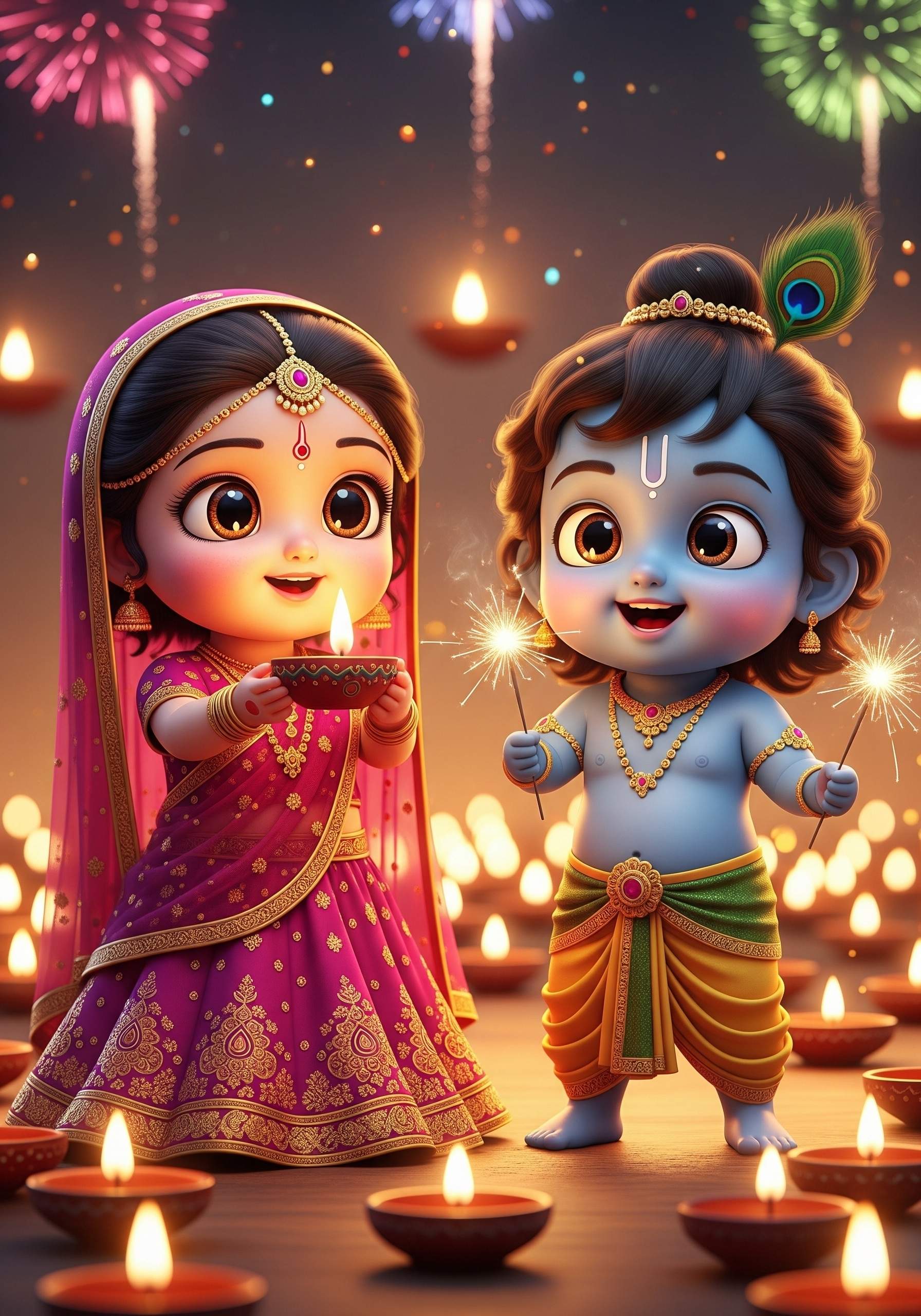Cute Krishna and Radha Kids Diwali Celebration Wallpaper