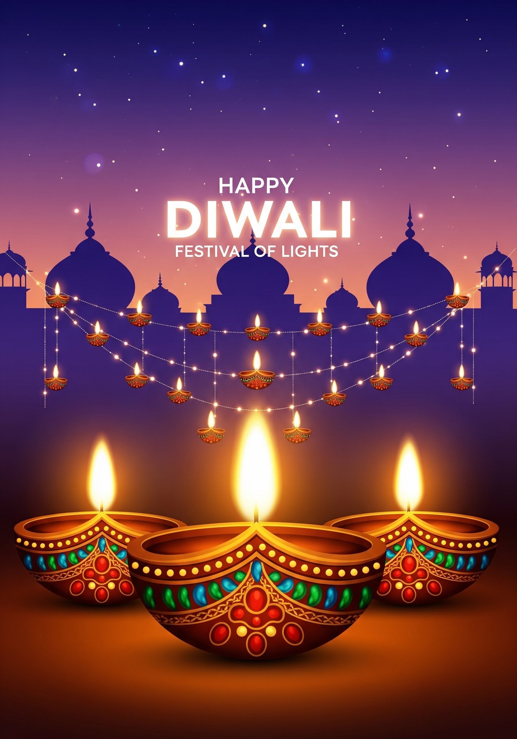 Happy Diwali Celebration with Glowing Diyas and Festive Lights