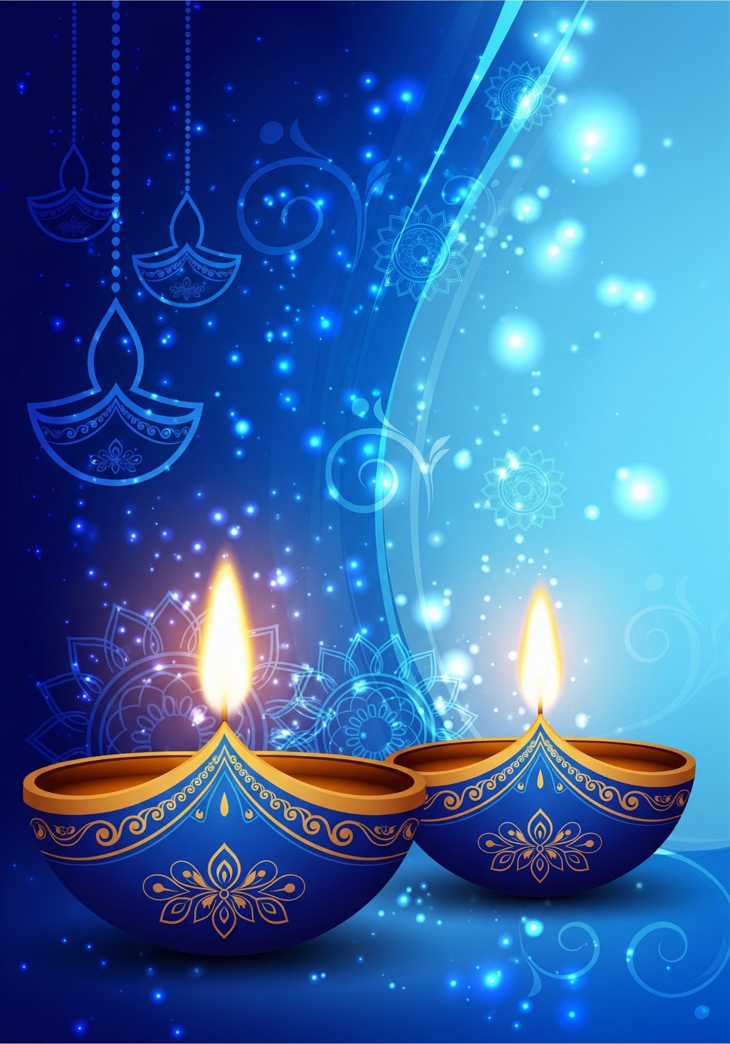 Beautiful Blue Diwali Background with Glowing Diyas and Mandala Lights