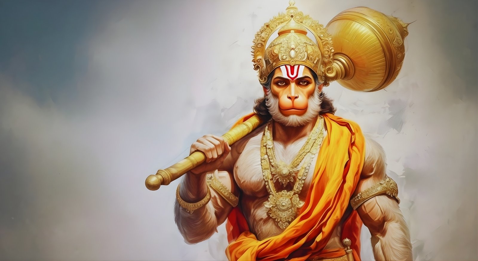 Powerful Lord Hanuman with Golden Gada Artwork