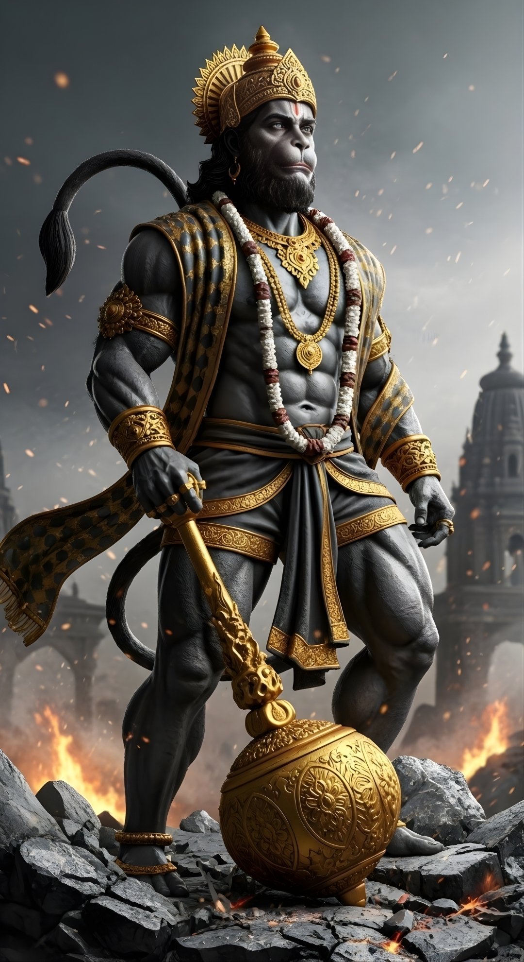 Majestic Lord Hanuman Standing with Golden Gada – Powerful Divine Warrior Artwork