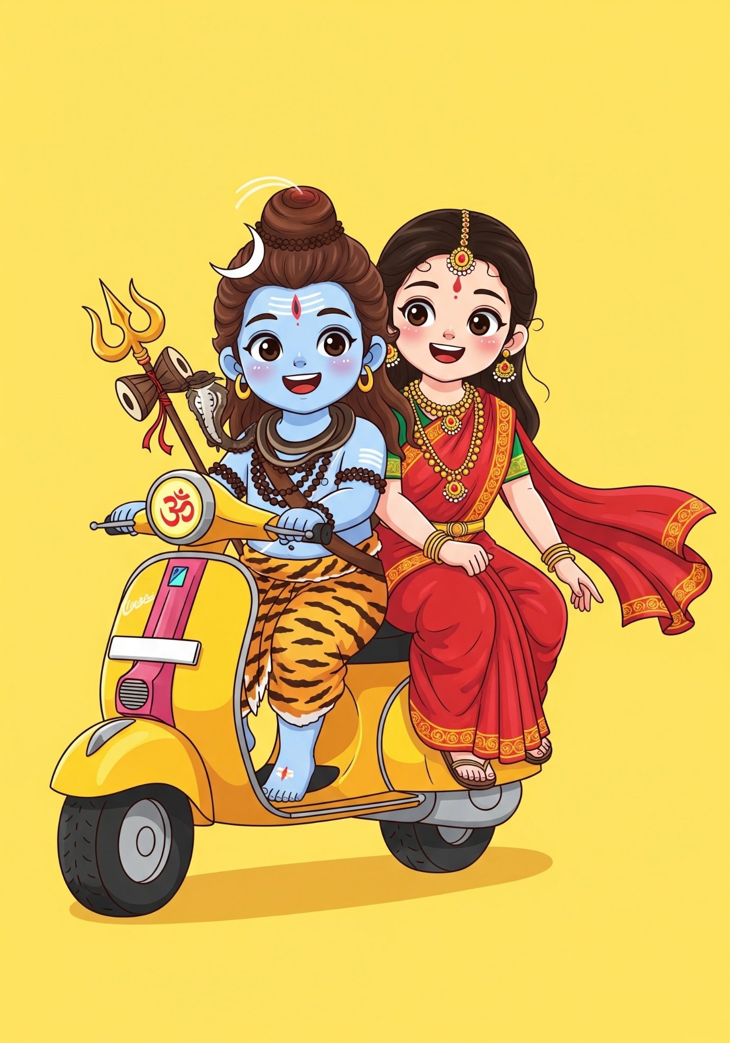 Cute Cartoon of Lord Shiva and Goddess Parvati Riding Scooter