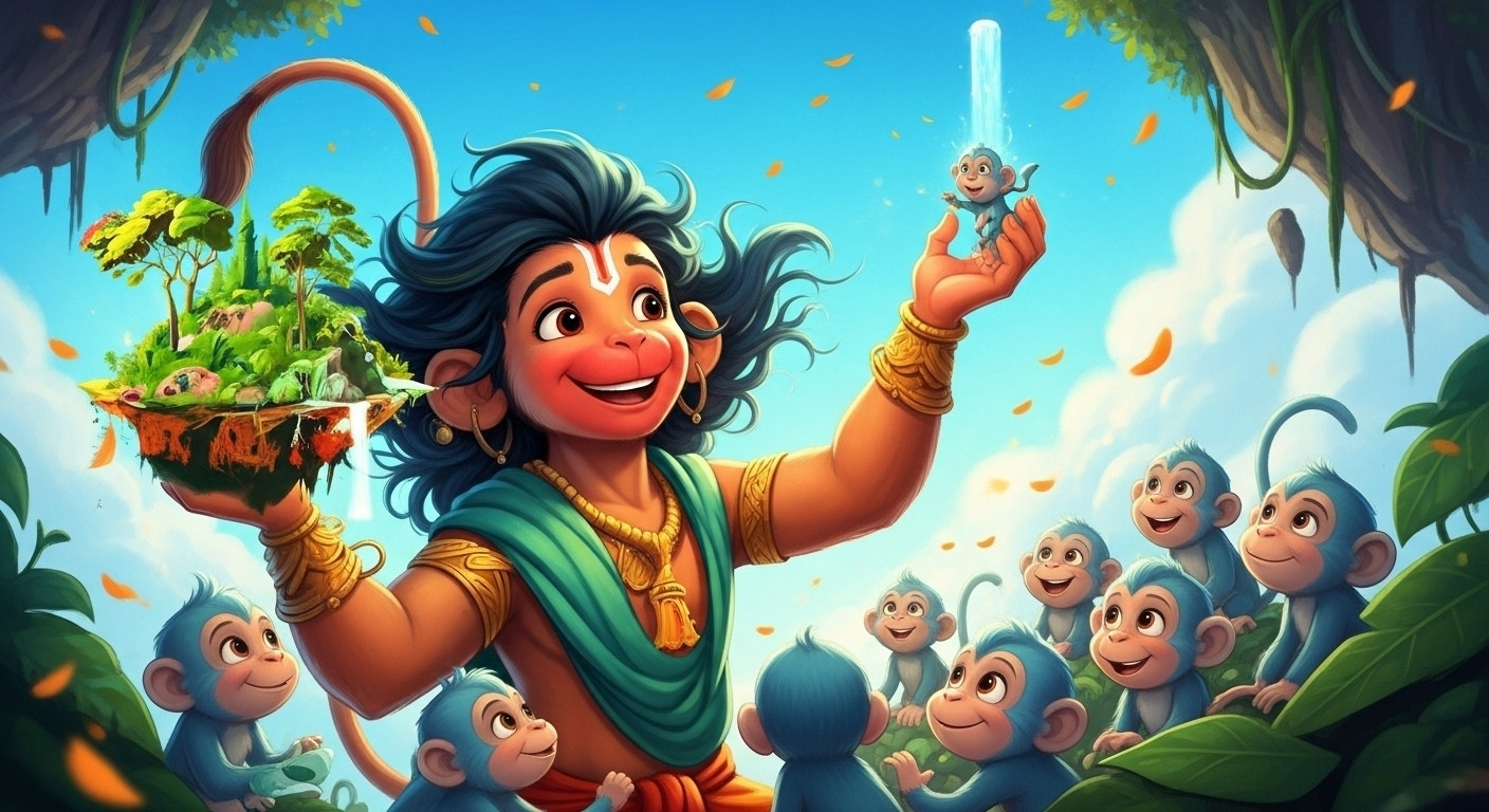 Baby Hanuman Playing with Little Monkeys in a Magical Jungle