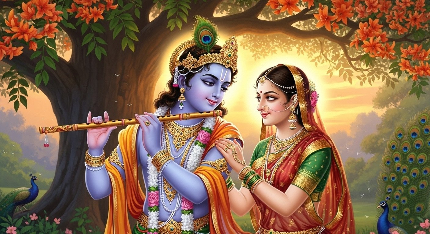 Radha Krishna Playing Flute Under a Blossoming Tree at Sunset