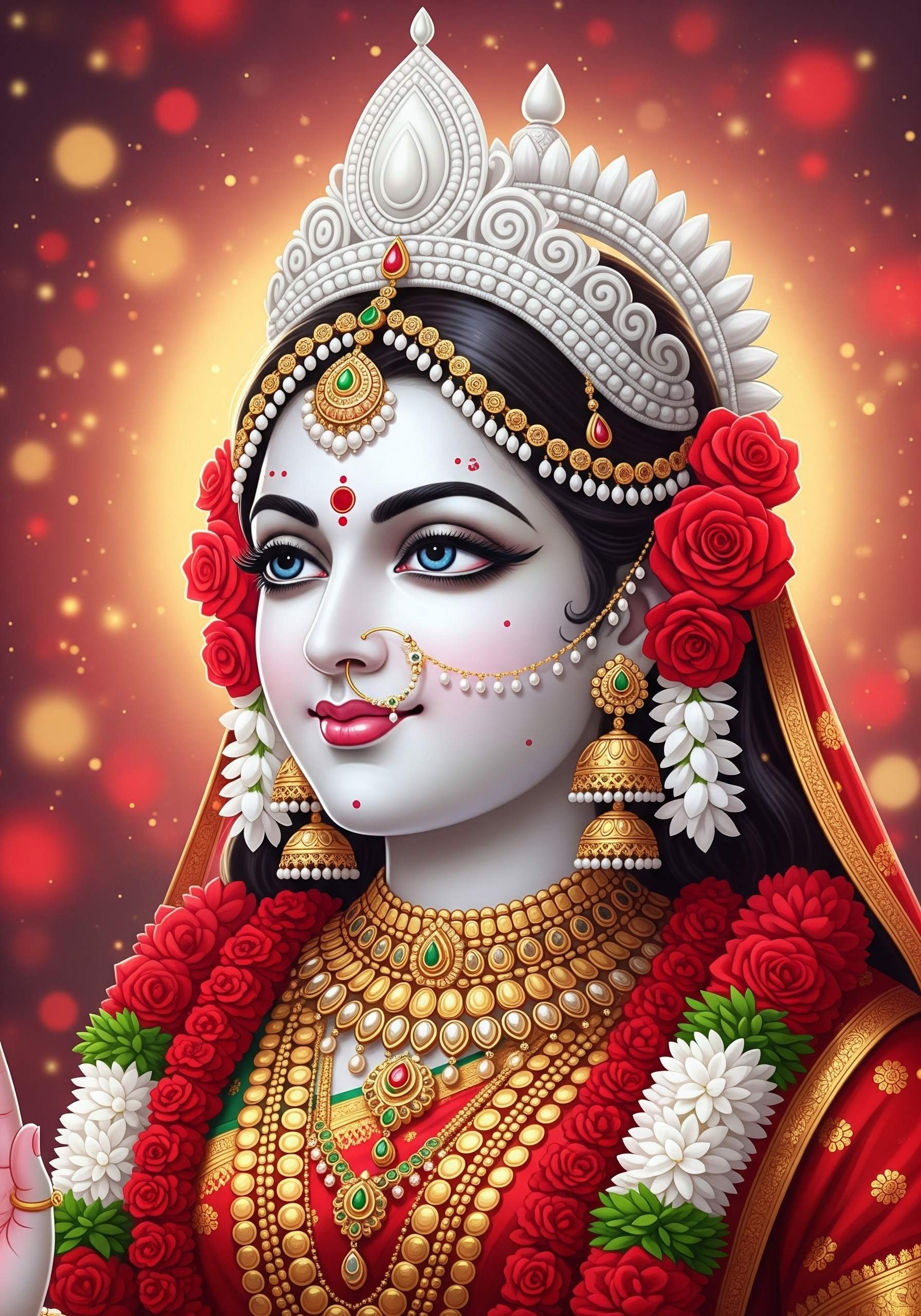 Divine Mata Rani HD 3D Wallpaper with Golden Jewelry & Flowers