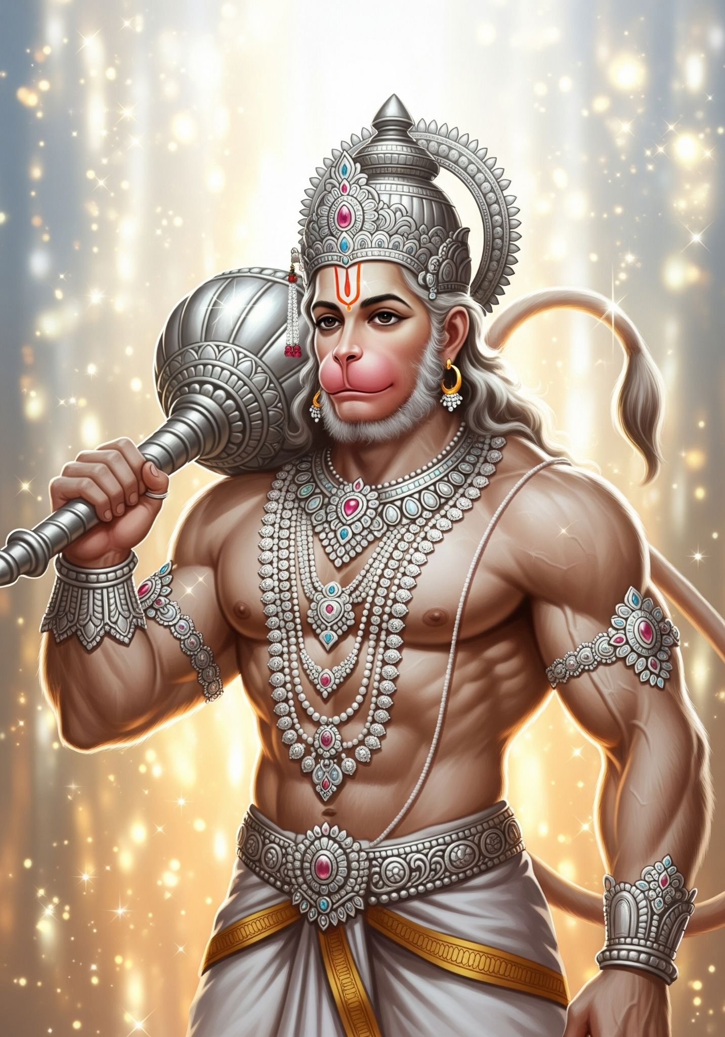 Majestic Lord Hanuman in Silver Armor Holding Gada