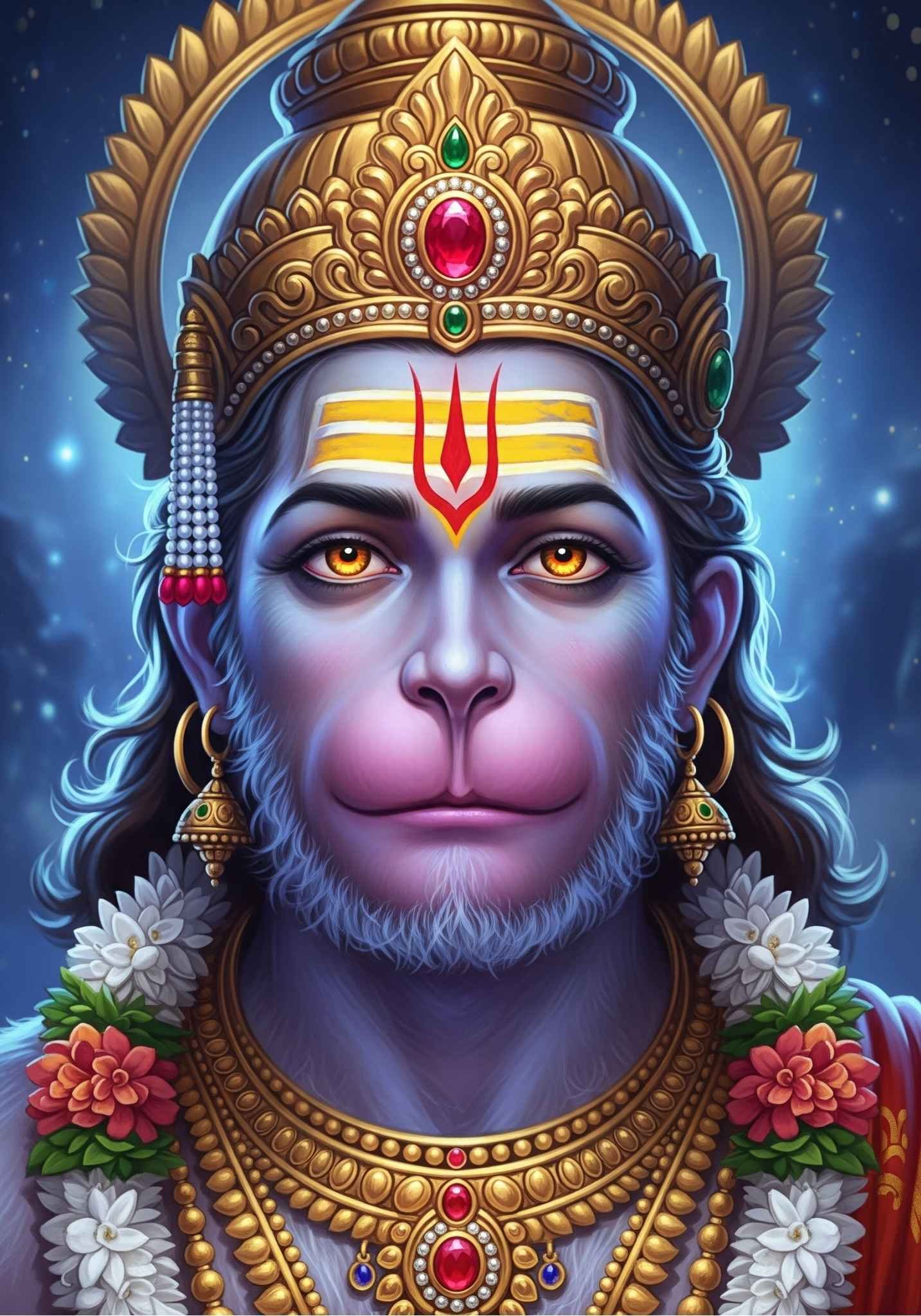 Divine Lord Hanuman with Glowing Eyes and Golden Crown