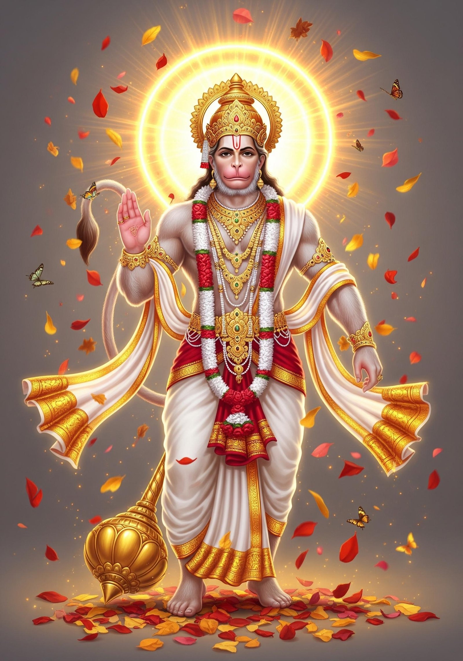 Divine Lord Hanuman with Golden Aura and Blessing Pose