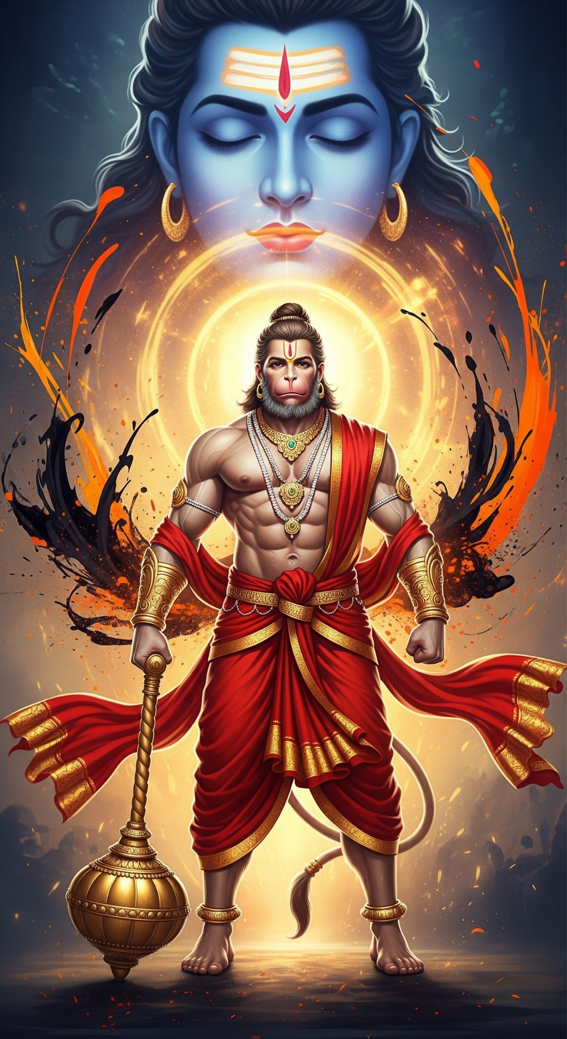 Hanuman Standing in Divine Aura with Lord Shiva’s Blessings
