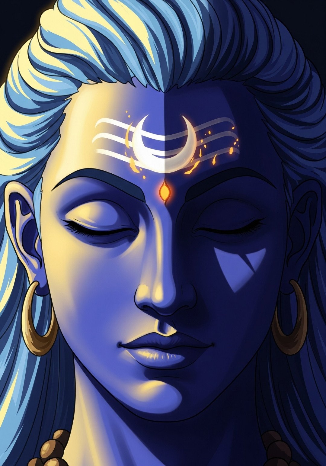 Shiva in Deep Meditation with Glowing Crescent Tilak