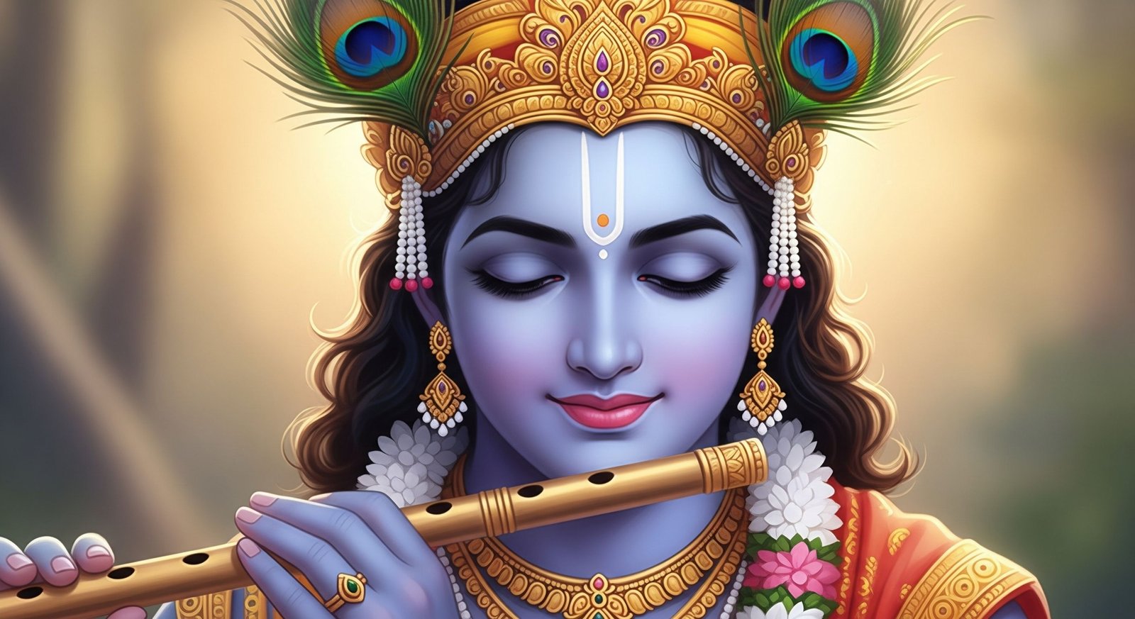 Shri Krishna Playing Flute in Divine Peace