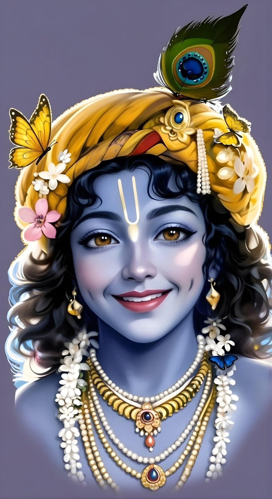 Smiling Lord Krishna with Divine Aura and Butterflies