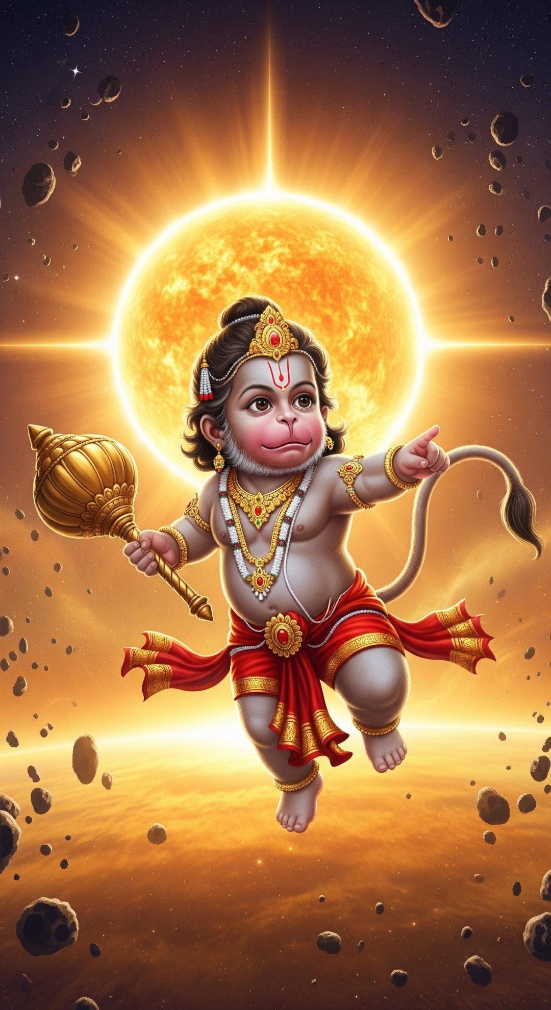 Bal Hanuman Flying with Divine Aura Wallpaper