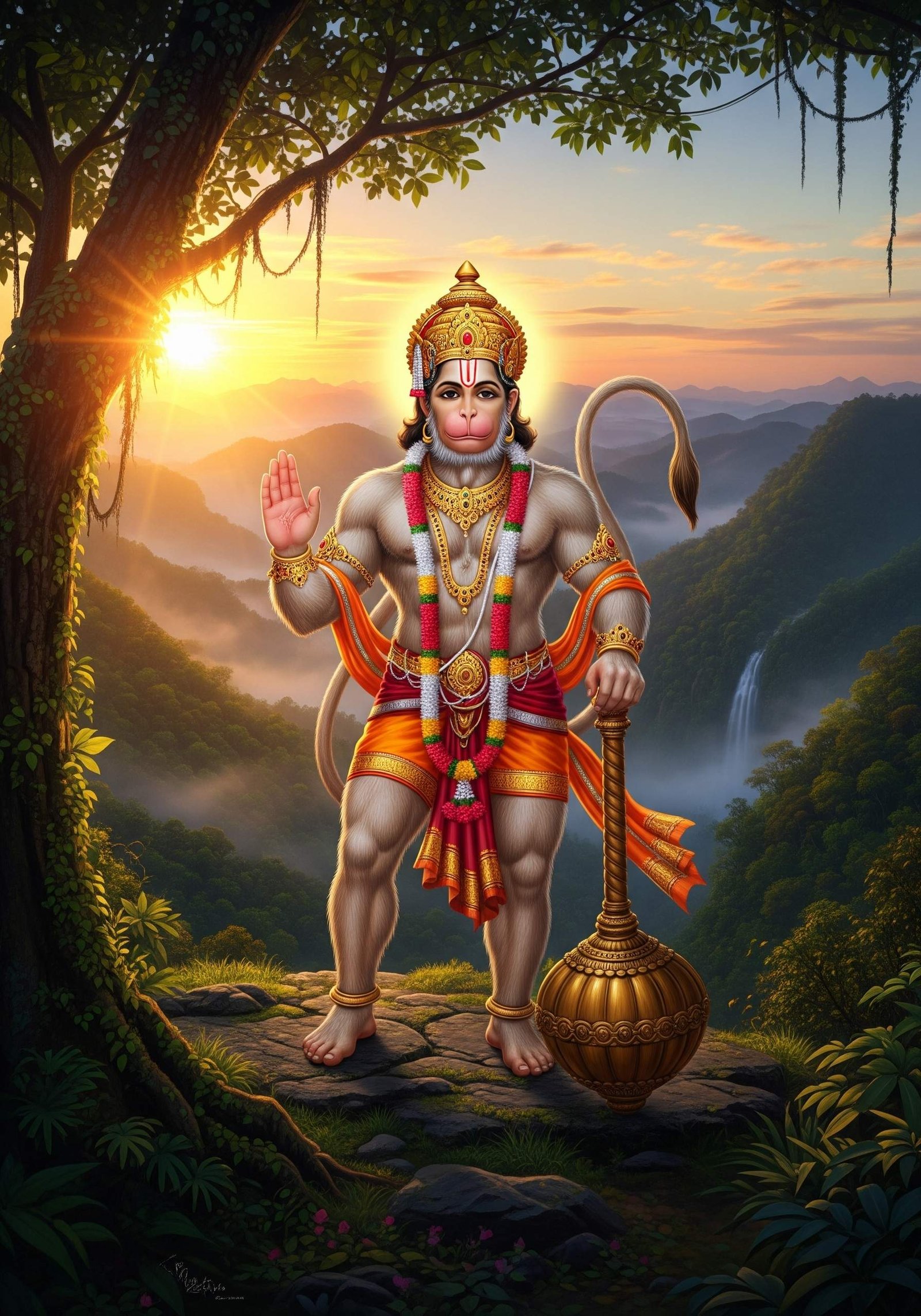 Divine Hanuman Blessings in Sunrise Landscape