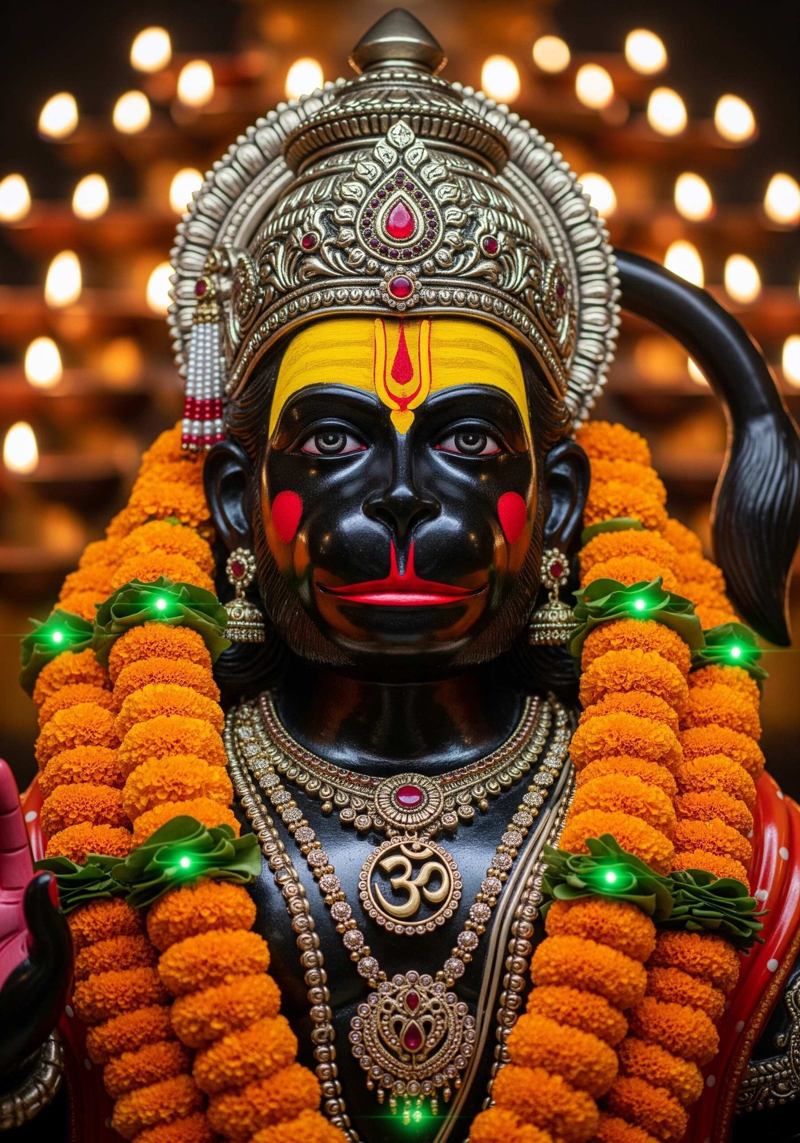 Divine Hanuman Idol with Garlands and Sacred Aura