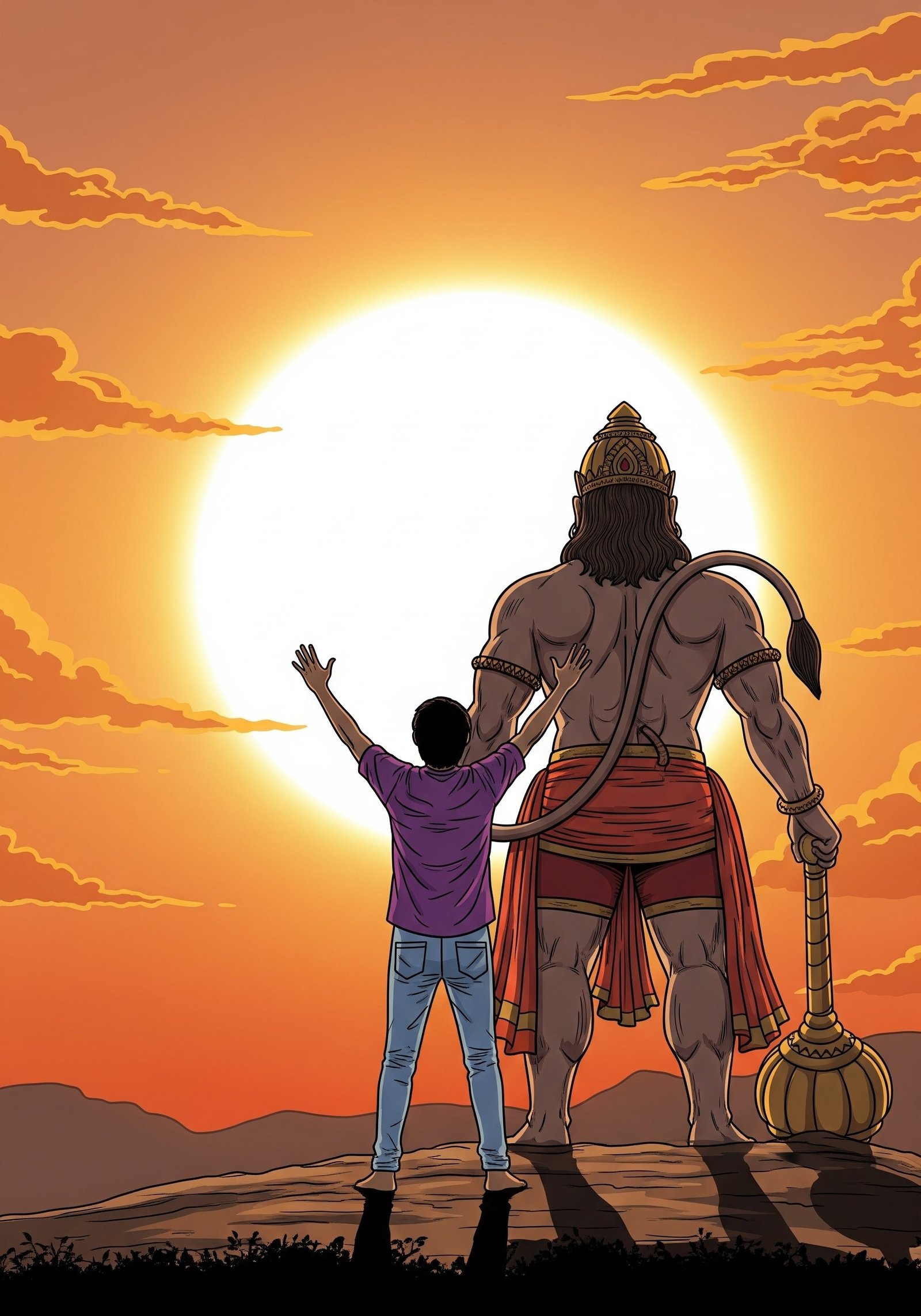Hanuman Blessing a Boy at Sunrise
