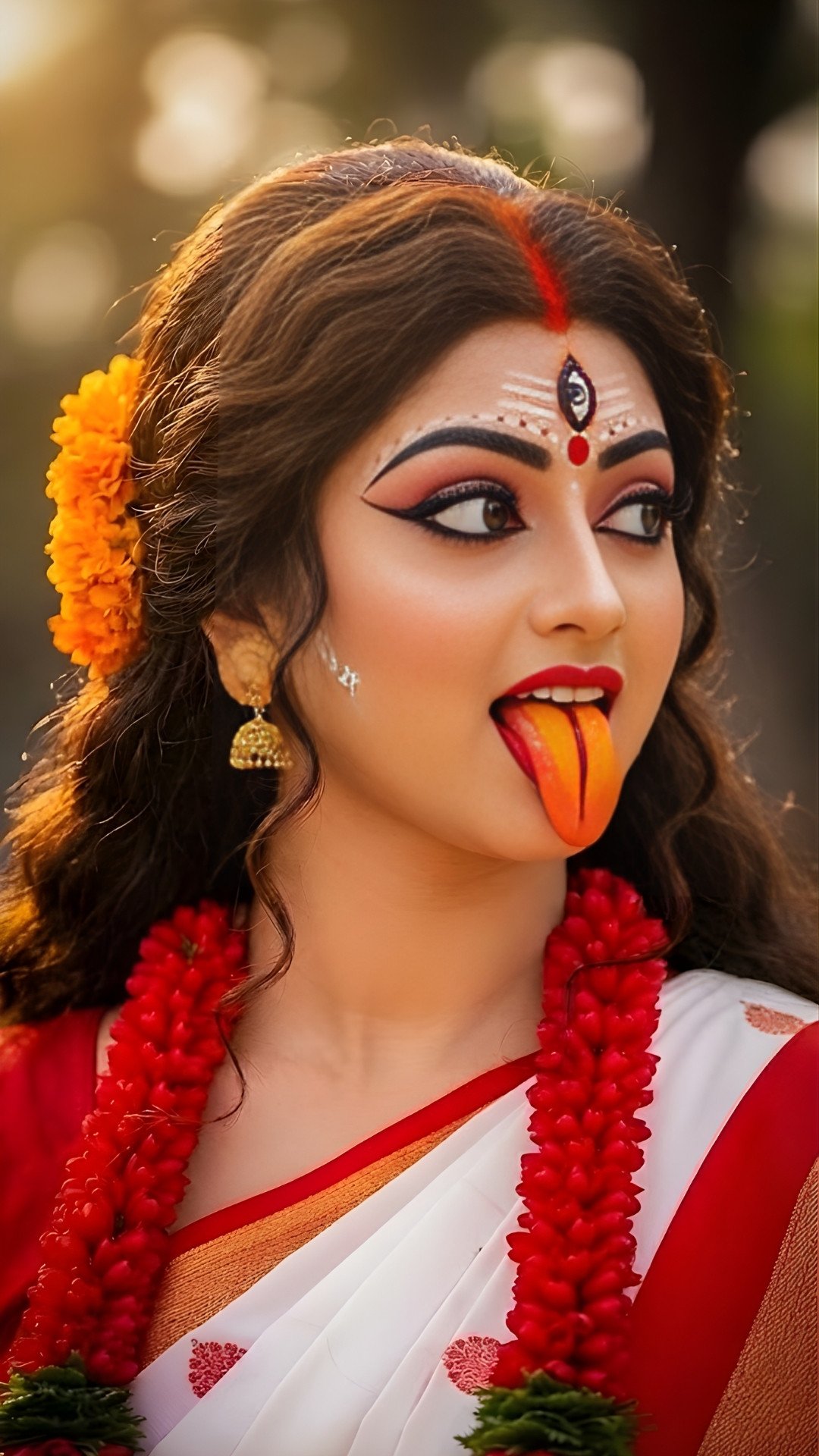 Divine Kali Look with Vibrant Makeup and Sacred Expression