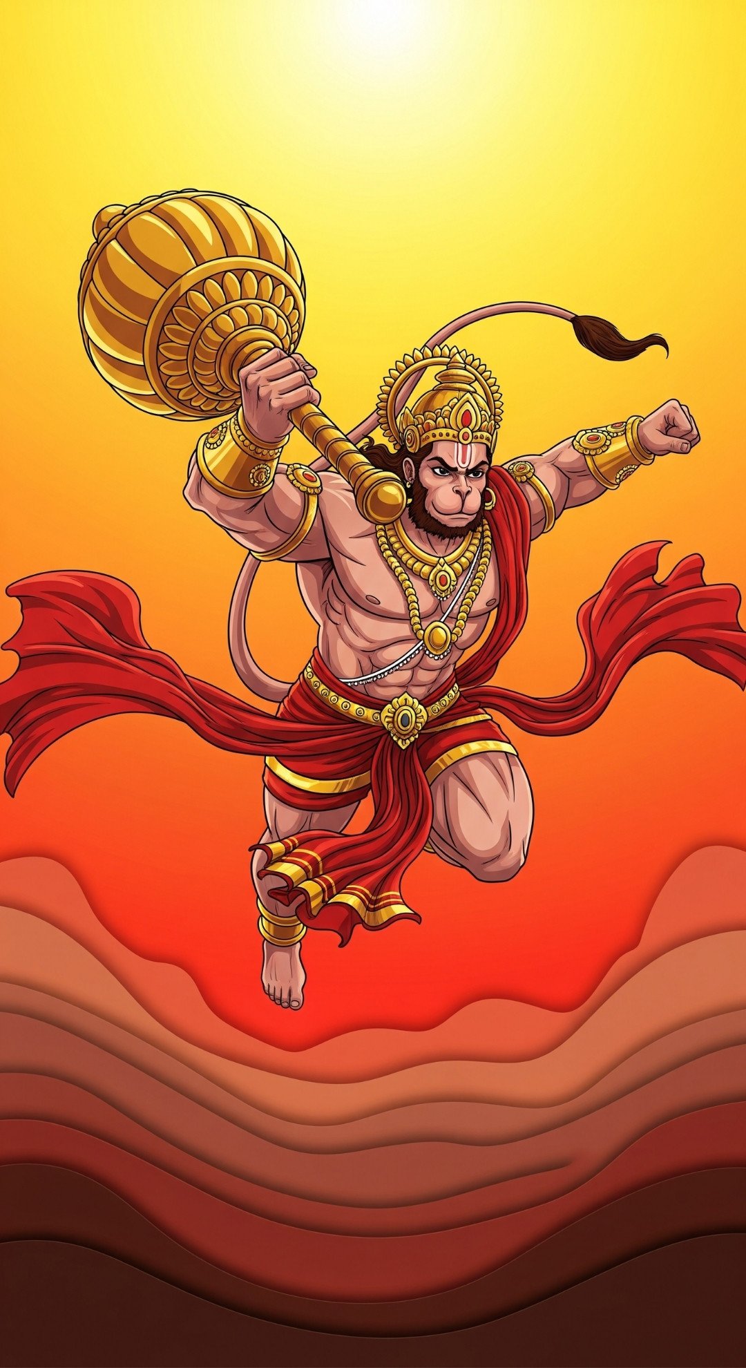 Flying Hanuman Artwork in Golden Sunrise Background