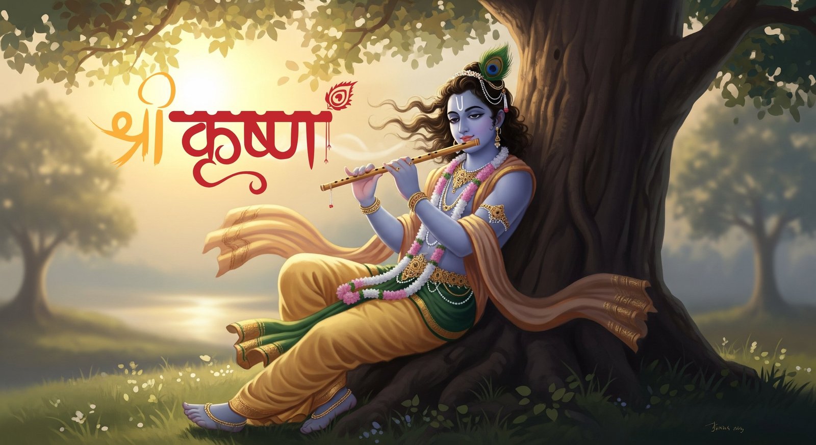 Shri Krishna Playing Flute Under Tree – Peaceful Divine Art