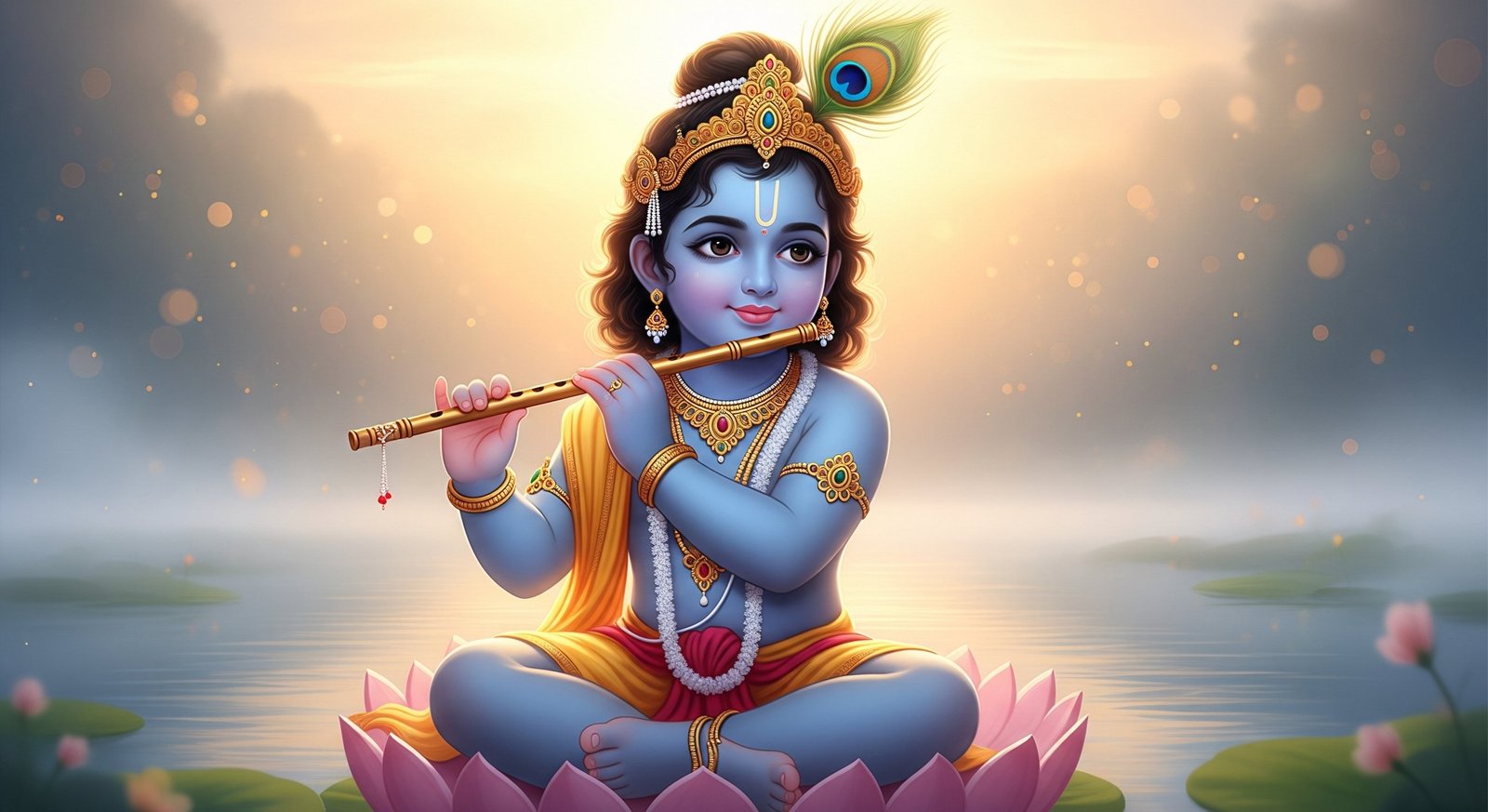 Lotus-Seated Bal Krishna Playing Flute in Divine Morning Light