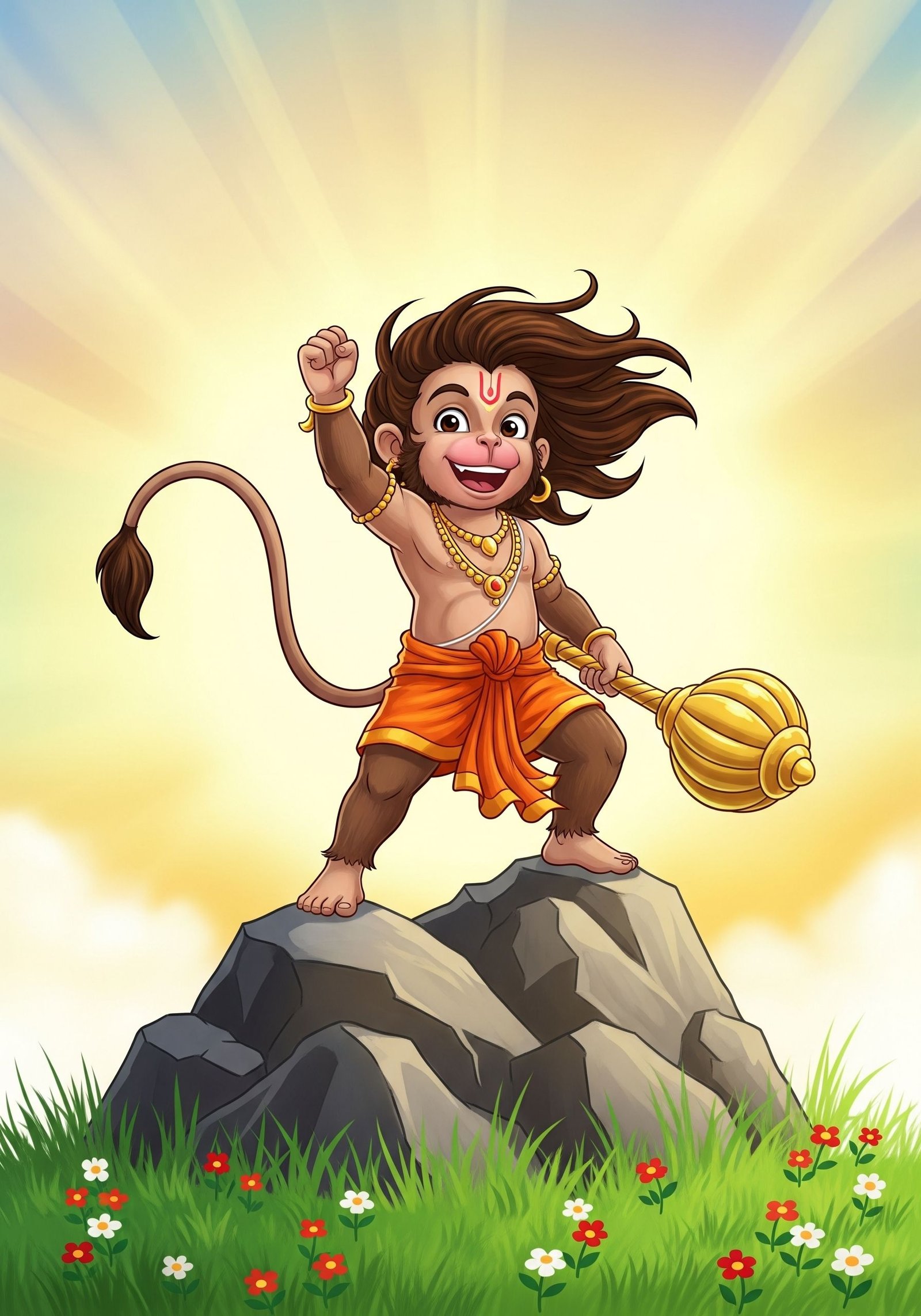 Bal Hanuman Standing on Mountain – Divine Strength Artwork
