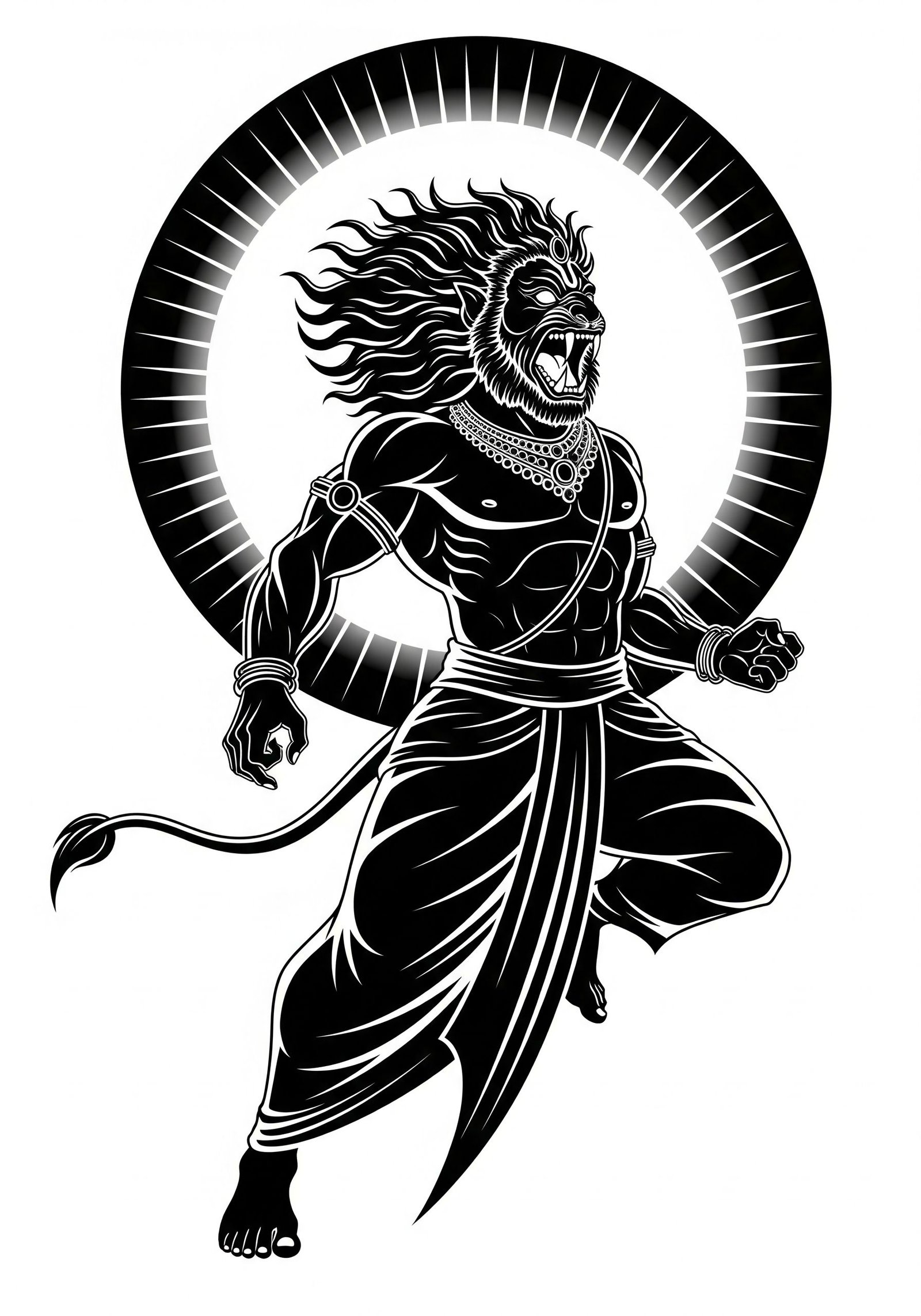 Fierce Black & White Narasimha Warrior Illustration