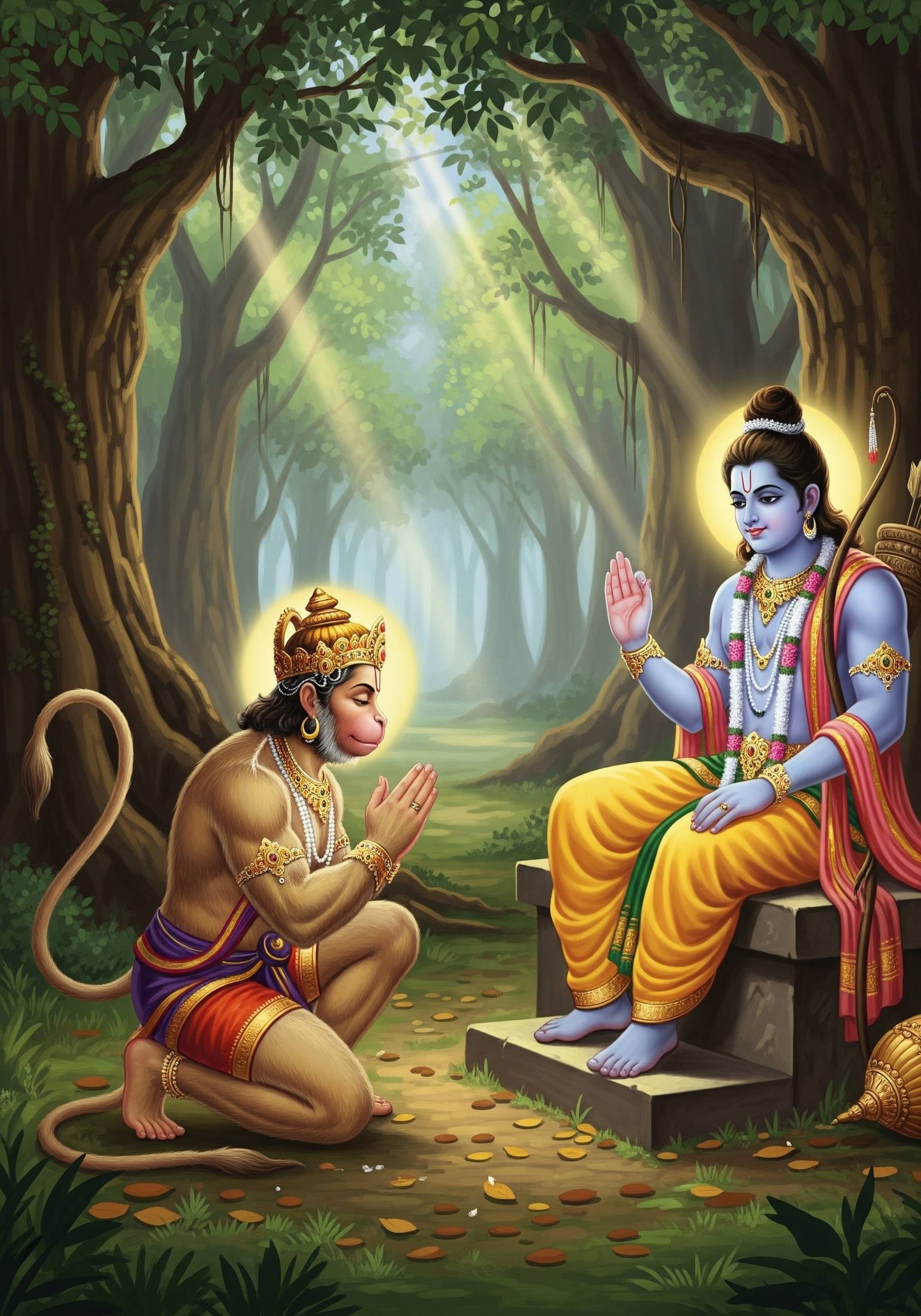 Hanuman Offering Prayers to Lord Ram – Forest Devotion Scene