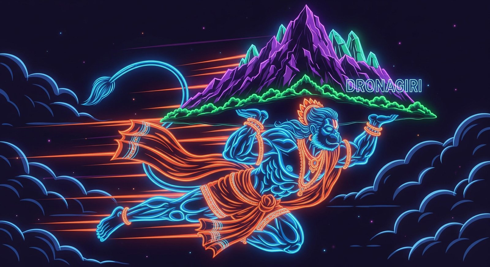 Neon Hanuman Carrying Dronagiri Mountain Art