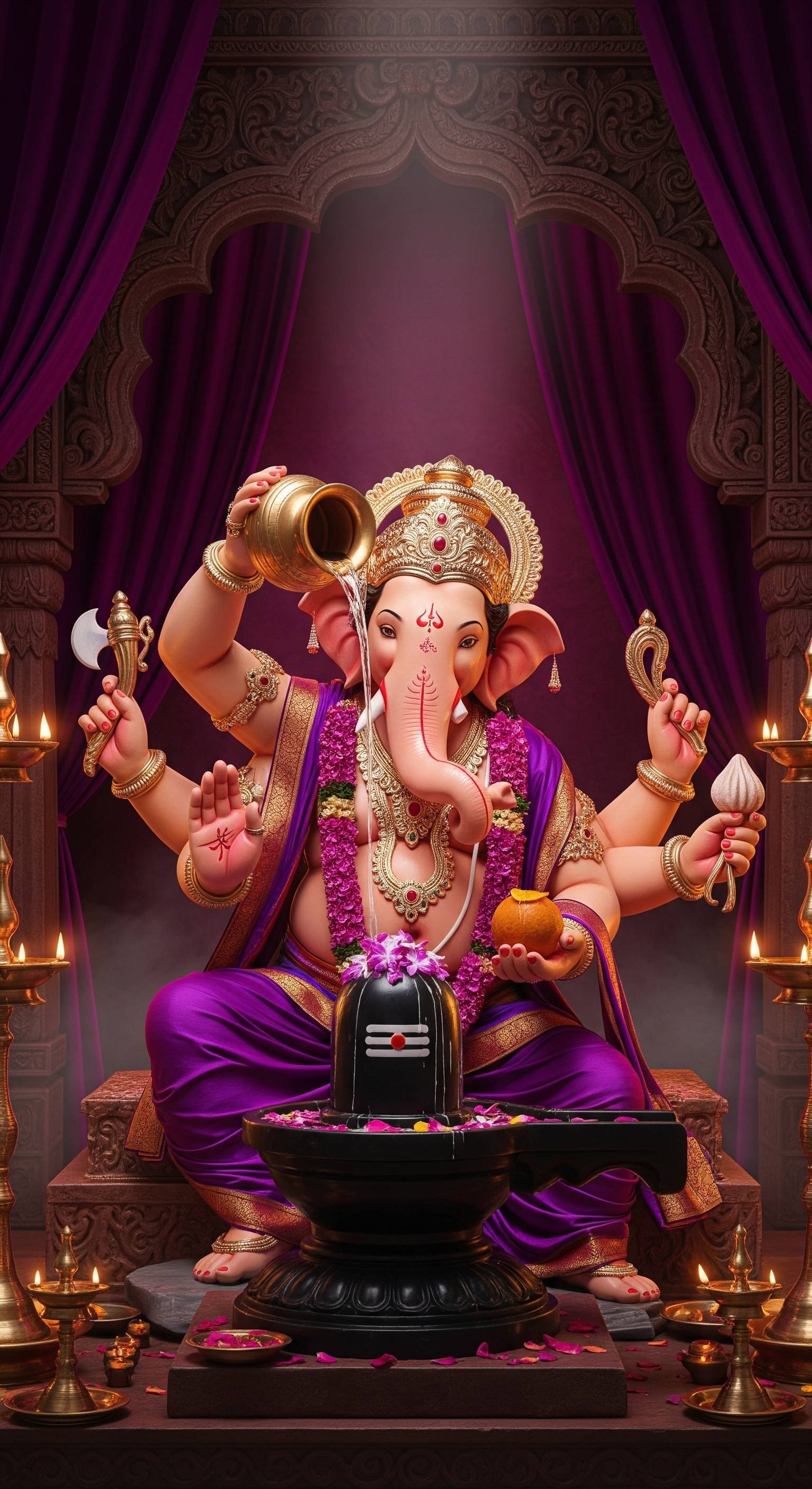 Ganesh Ji Performing Shivling Abhishek Divine Blessings Art