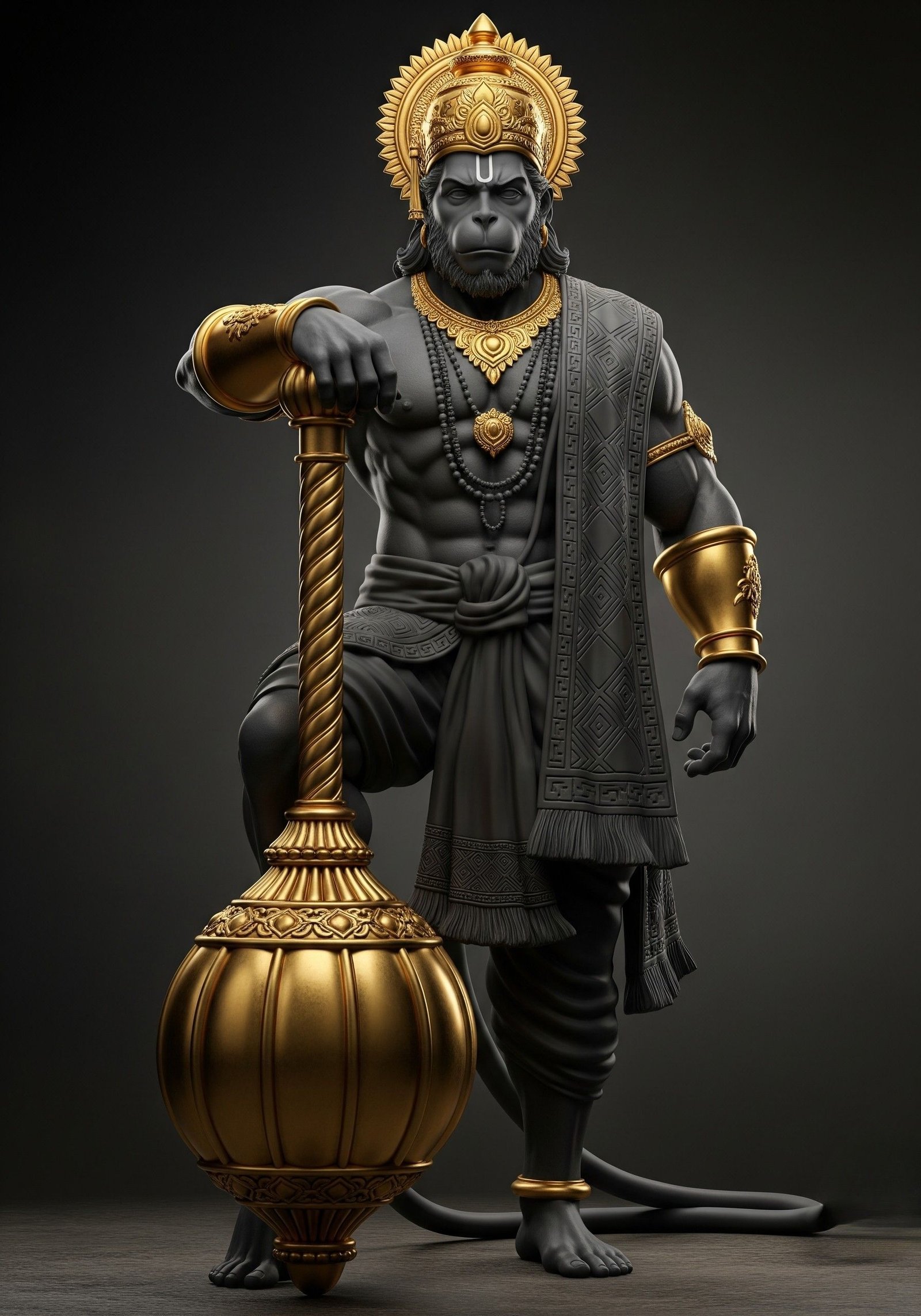 Majestic Black Stone Hanuman with Golden Gada