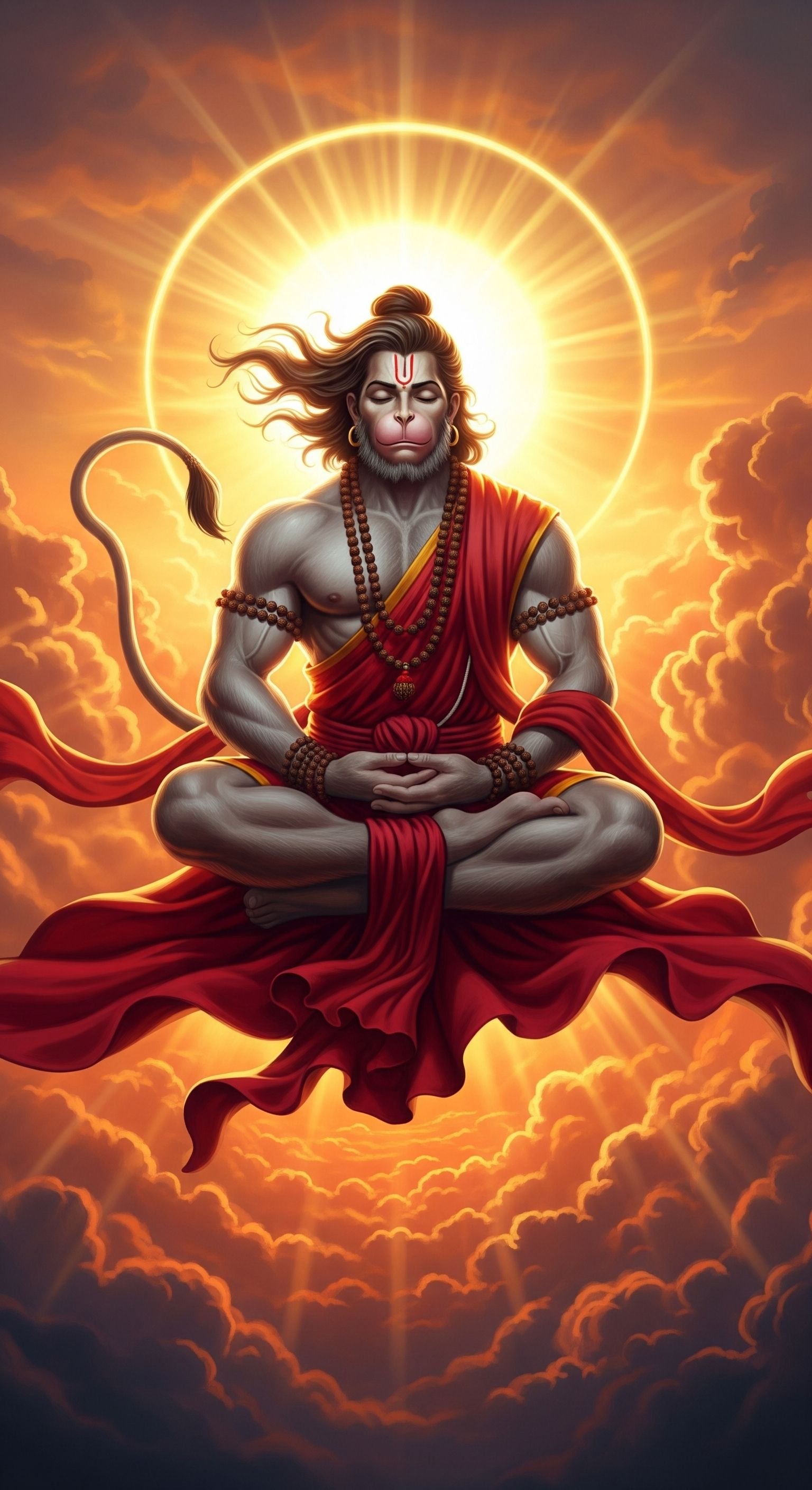 Divine Meditating Hanuman in Radiant Sunset Aura