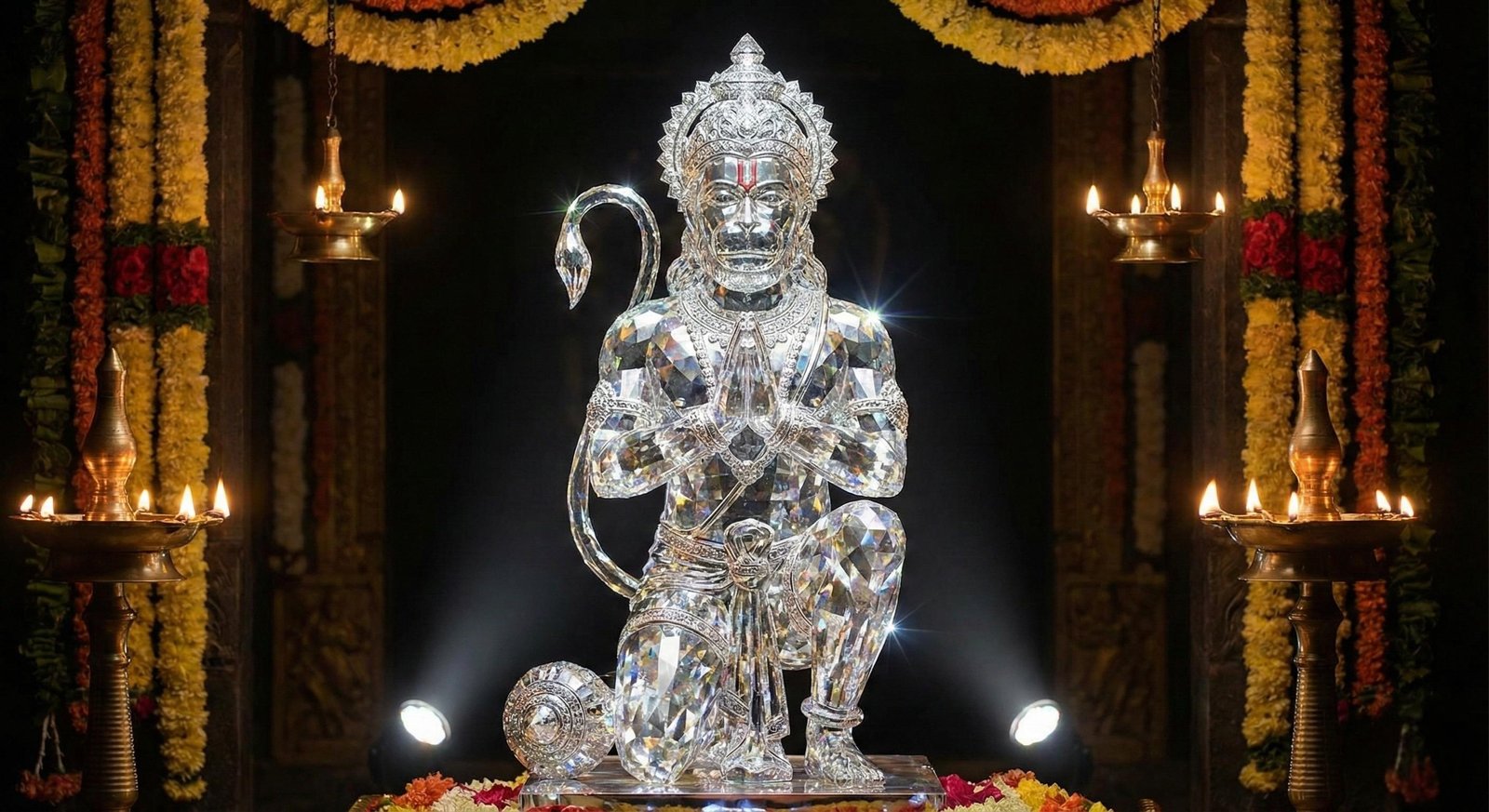 Divine Crystal Hanuman Murti in Temple Glow
