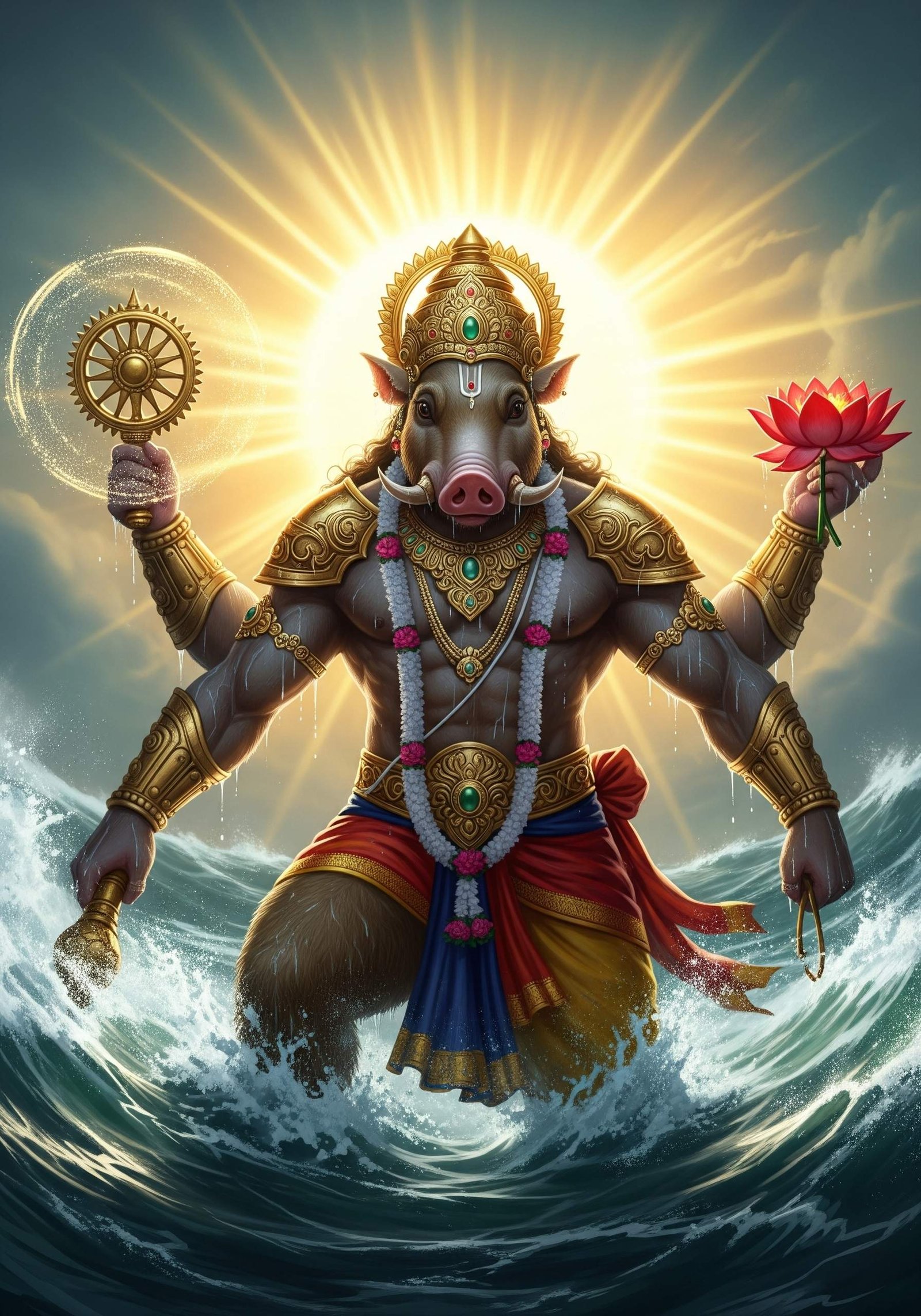Divine Varaha Avatar Rising from the Cosmic Waters
