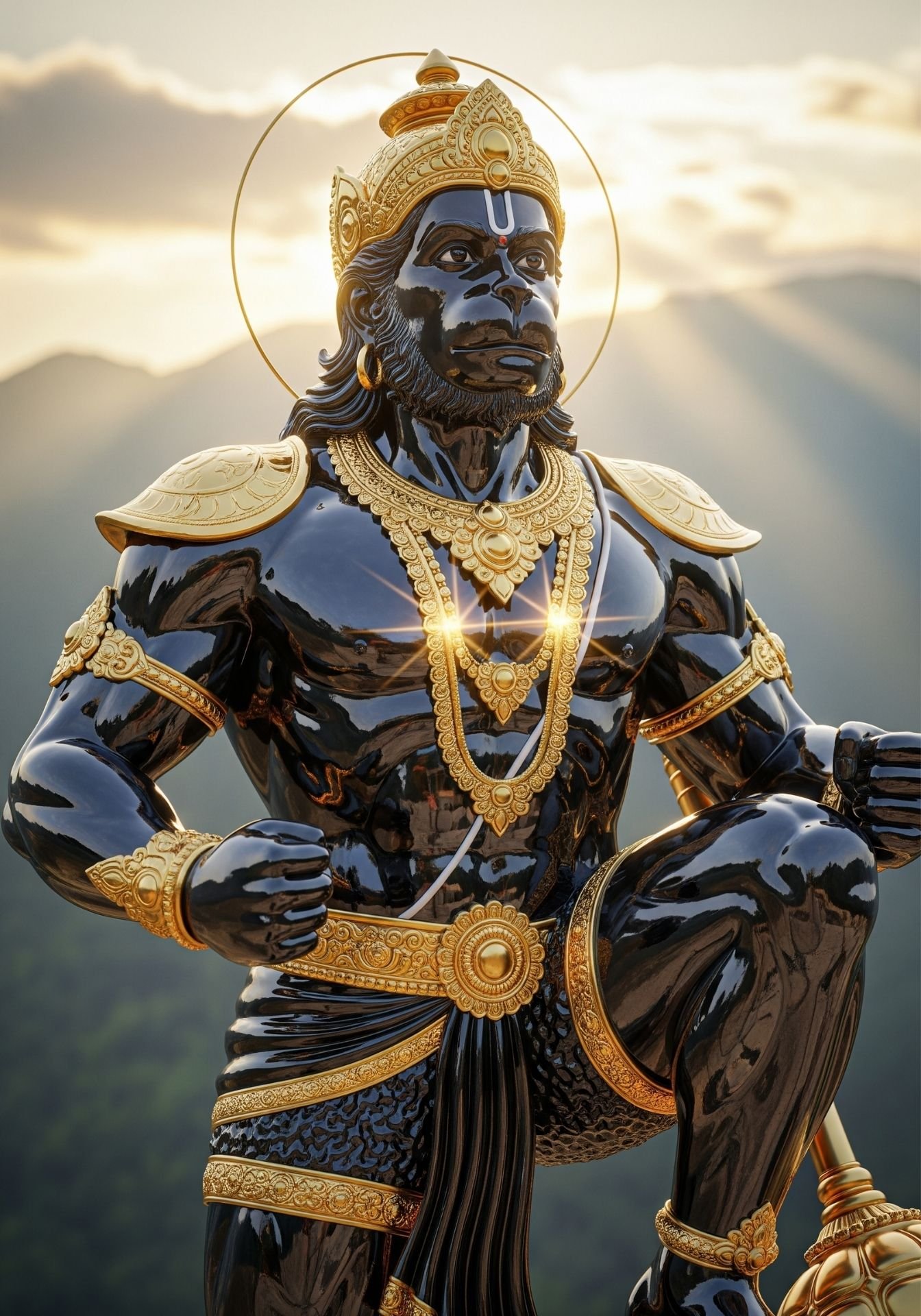 Divine Black Hanuman Statue with Golden Aura and Royal Ornaments