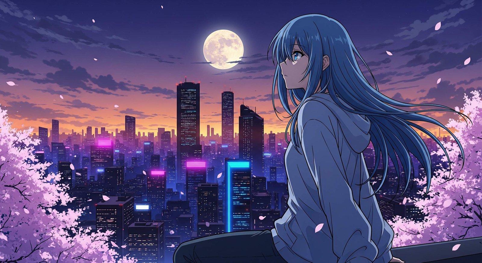 Moonlit City Dreams Anime Girl Wallpaper