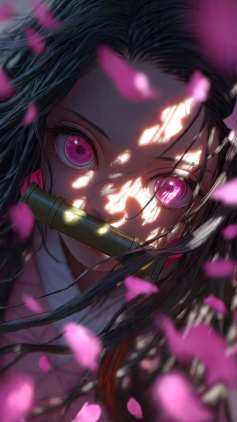 Mystic Pink-Eyed Anime Girl Under Falling Petals