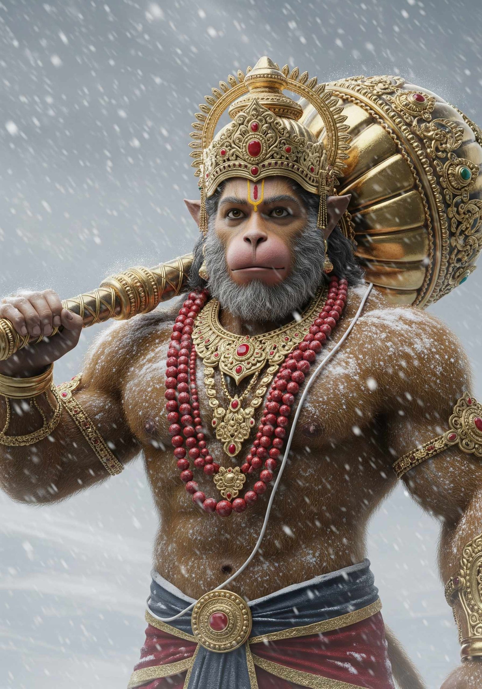 Divine Hanuman in Snow with Golden Gada – Powerful HD Artwork