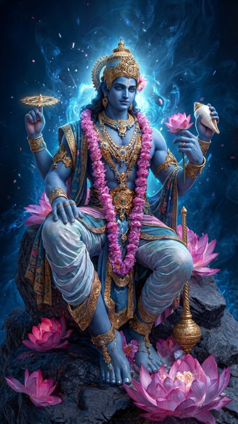 Divine Vishnu with Lotus and Chakra in Celestial Blue Aura